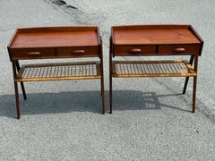 Gorgeous set of Søren Rasmussen teak nightstands with rattan shelves, 1960´s