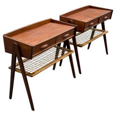 Gorgeous set of Søren Rasmussen teak nightstands with rattan shelves, 1960´s