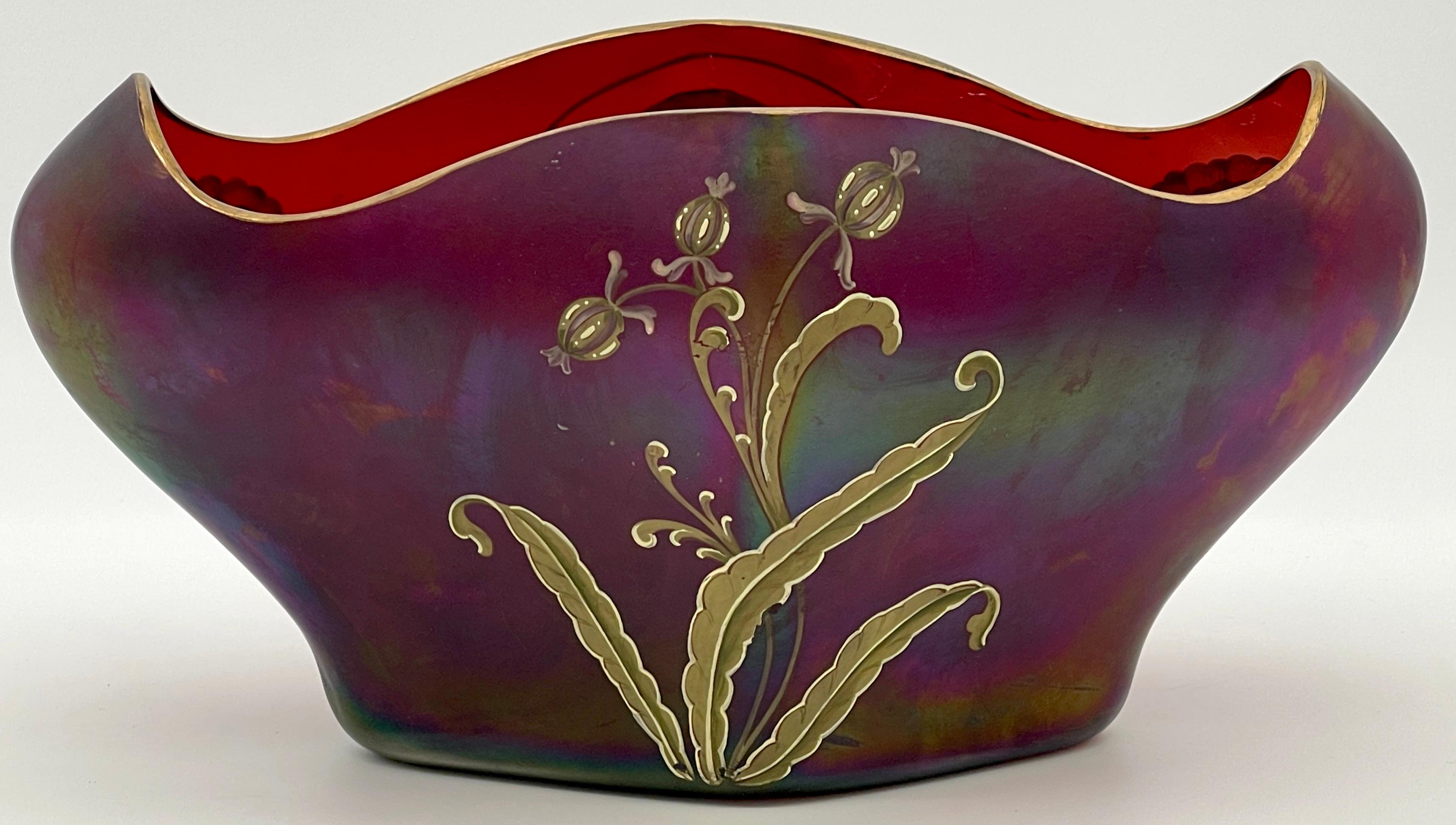 Gorgeous Signed Harrach Iridescent Enameled Art Nouveau Centerpiece/ Vase  For Sale 4