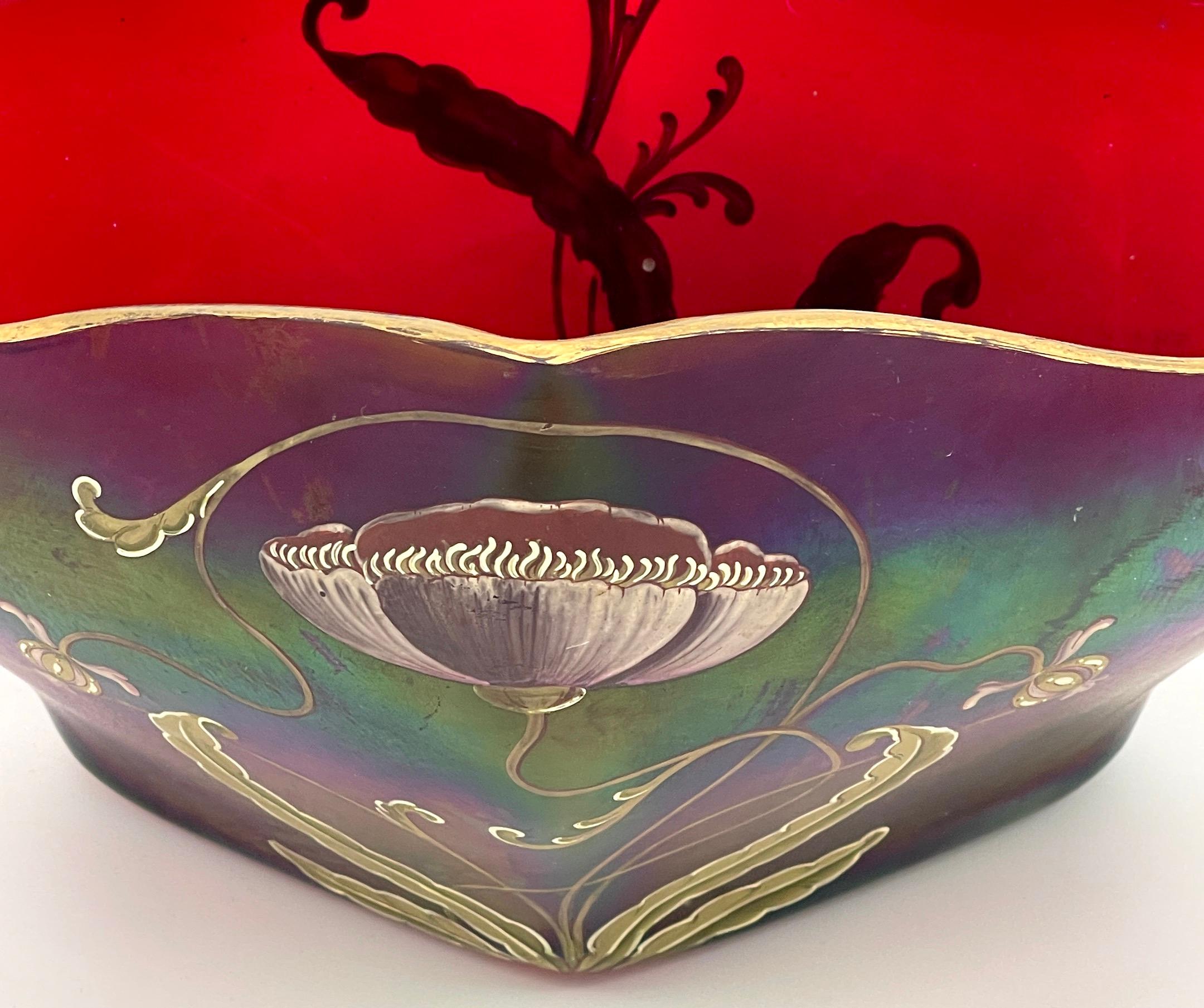 Czech Gorgeous Signed Harrach Iridescent Enameled Art Nouveau Centerpiece/ Vase  For Sale