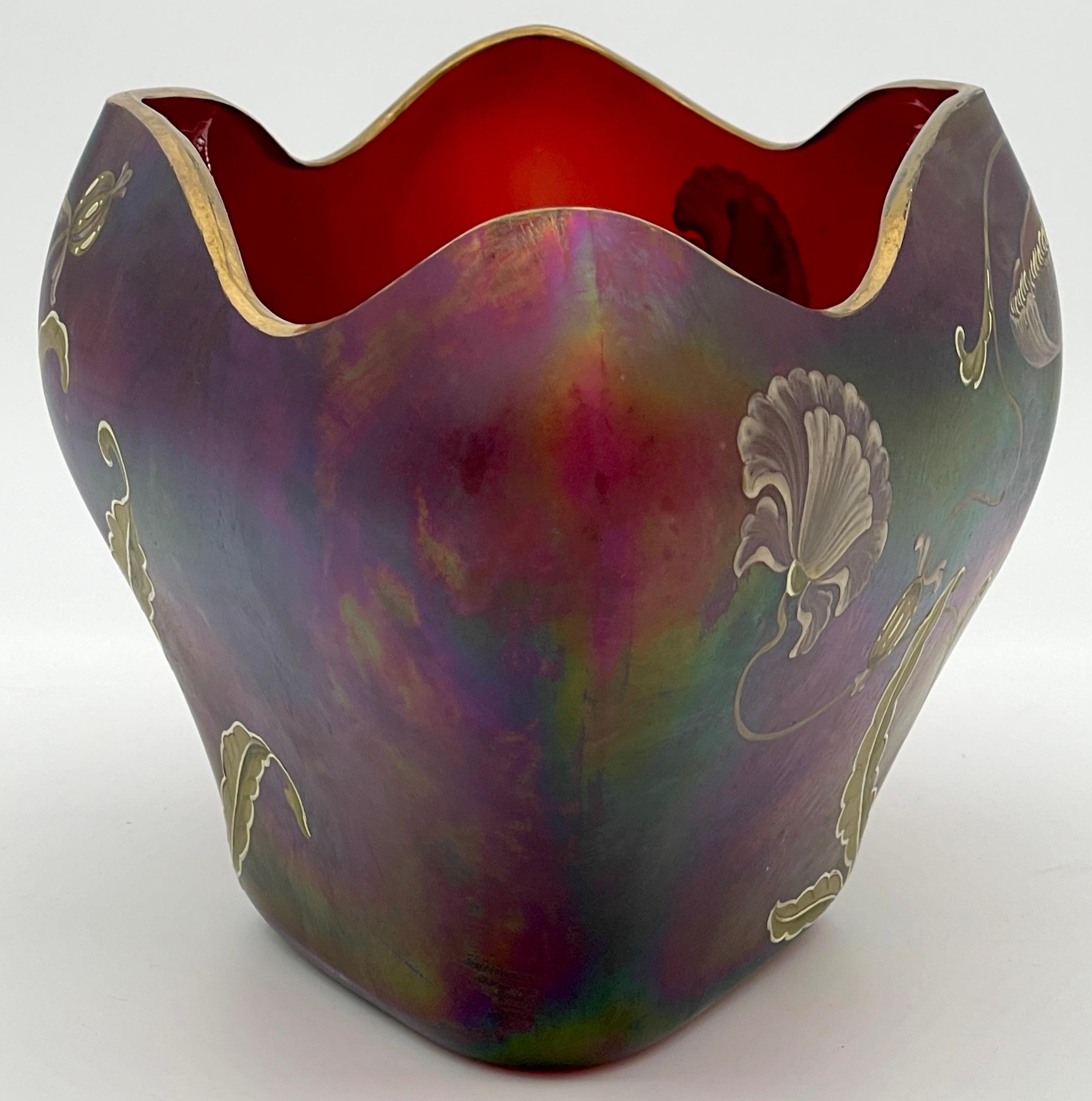 Gorgeous Signed Harrach Iridescent Enameled Art Nouveau Centerpiece/ Vase  For Sale 2
