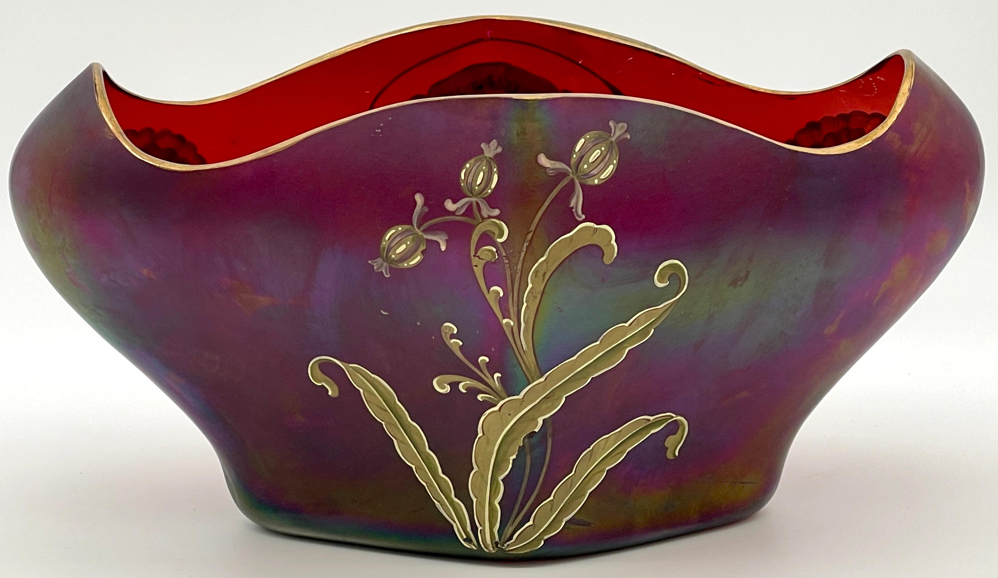 Gorgeous Signed Harrach Iridescent Enameled Art Nouveau Centerpiece/ Vase  For Sale 3