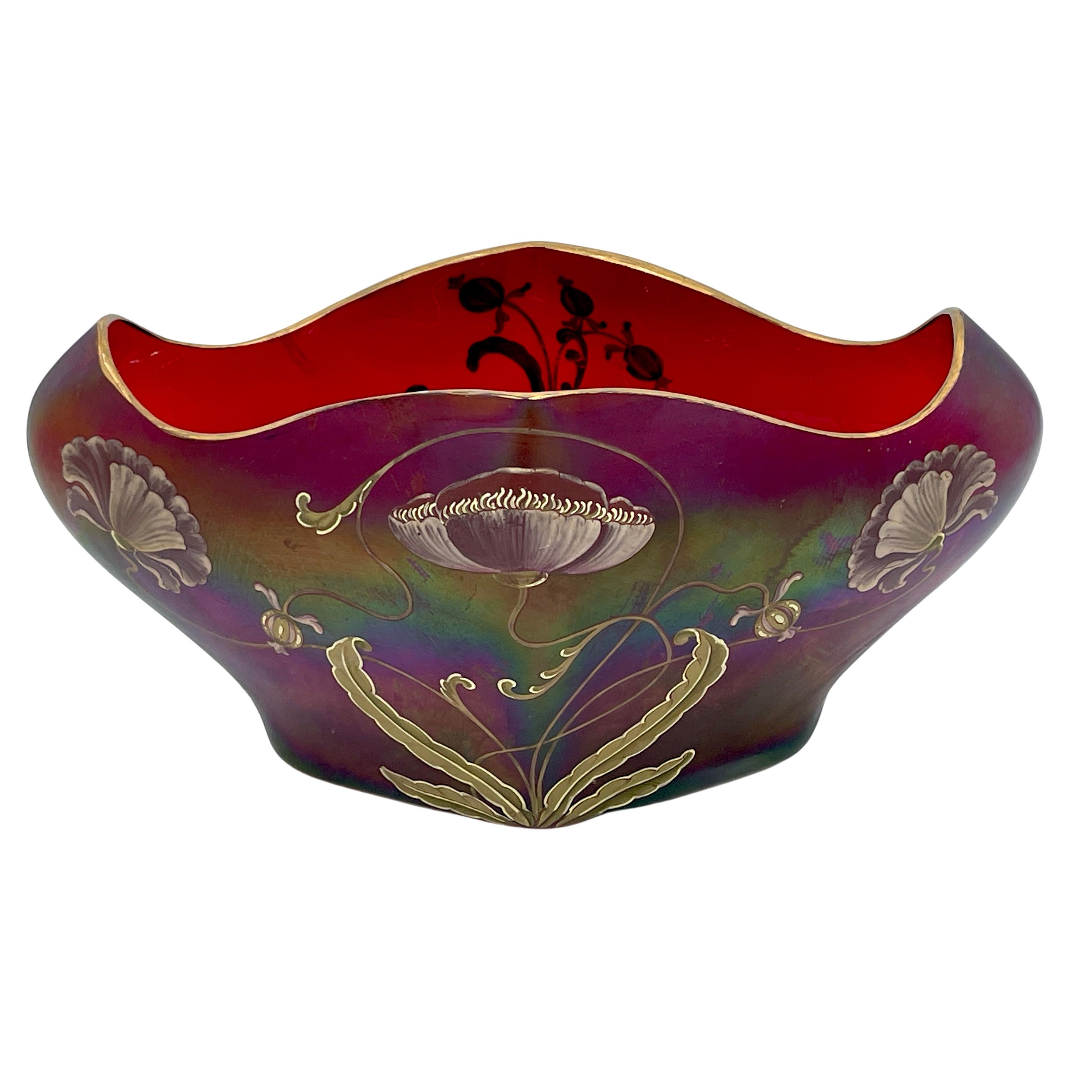 Gorgeous Signed Harrach Iridescent Enameled Art Nouveau Centerpiece/ Vase  For Sale