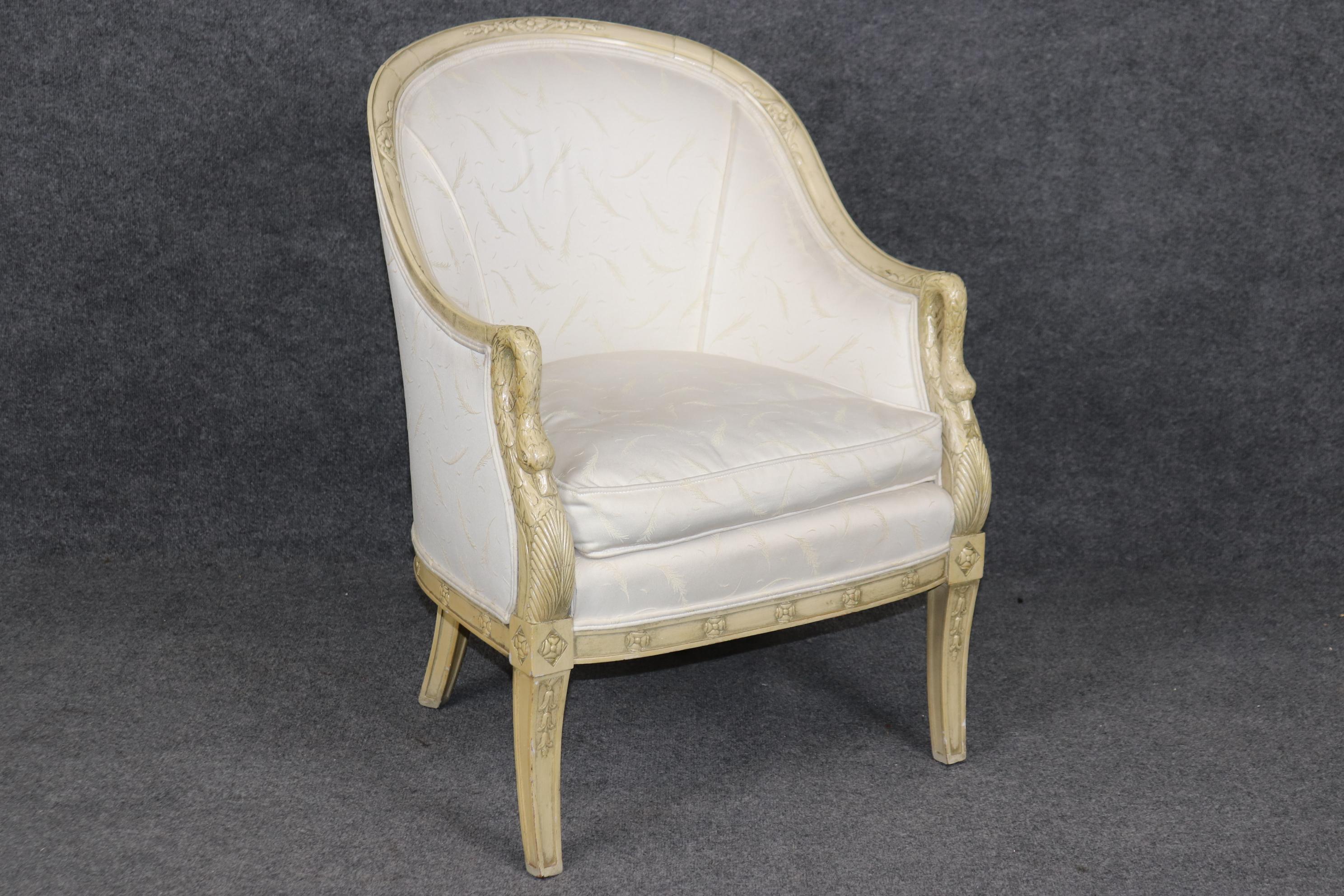 Empire Revival Gorgeous Single Paint DecoratedCarved Swan Tub Style French Empire Bergere Chair