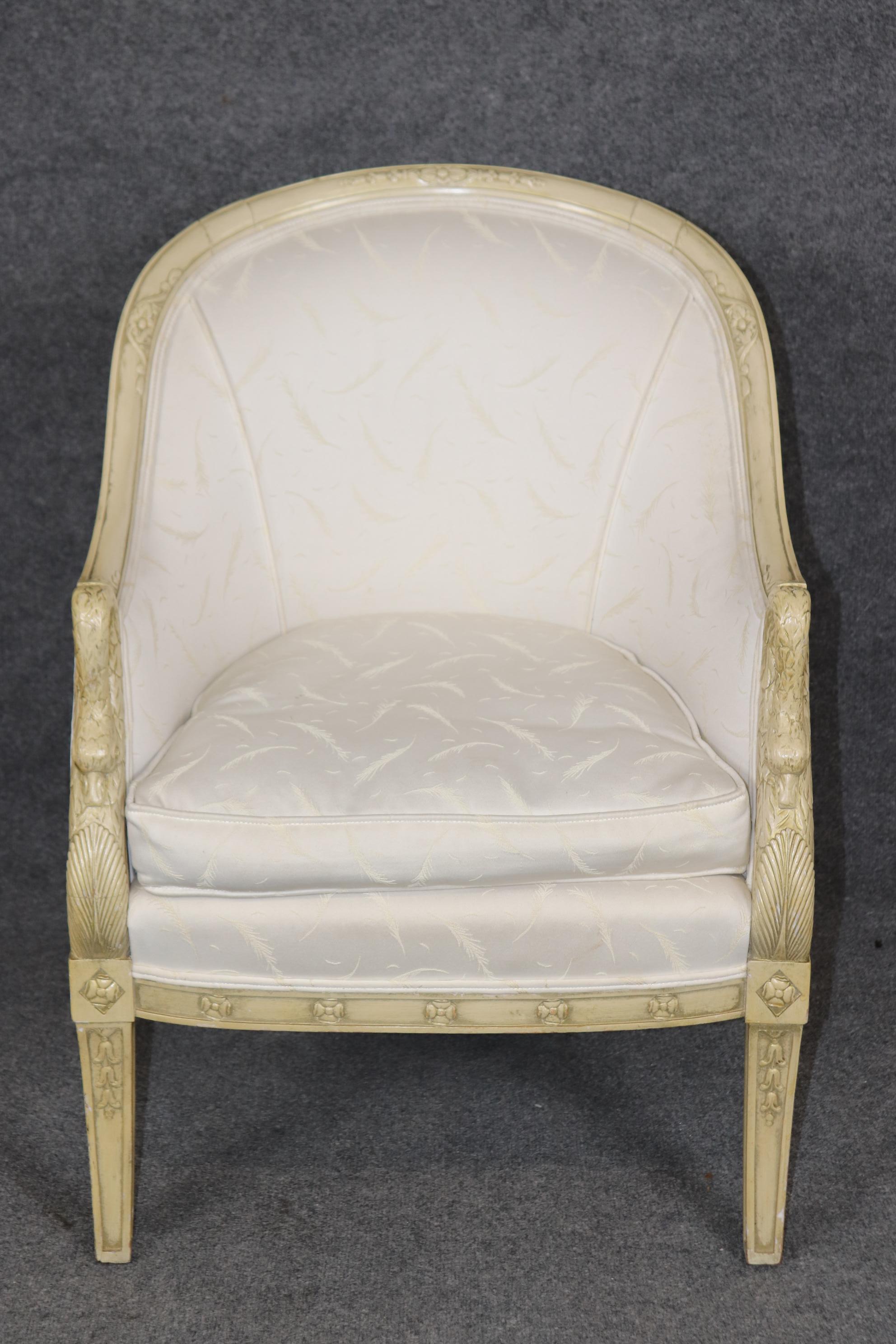 Gorgeous Single Paint DecoratedCarved Swan Tub Style French Empire Bergere Chair In Good Condition In Swedesboro, NJ