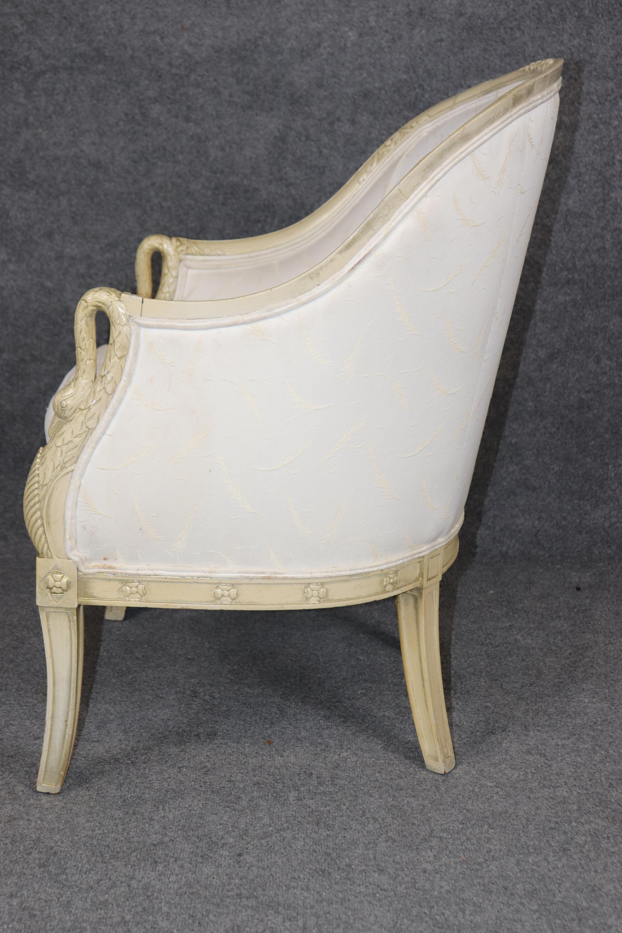 Gorgeous Single Paint DecoratedCarved Swan Tub Style French Empire Bergere Chair 1