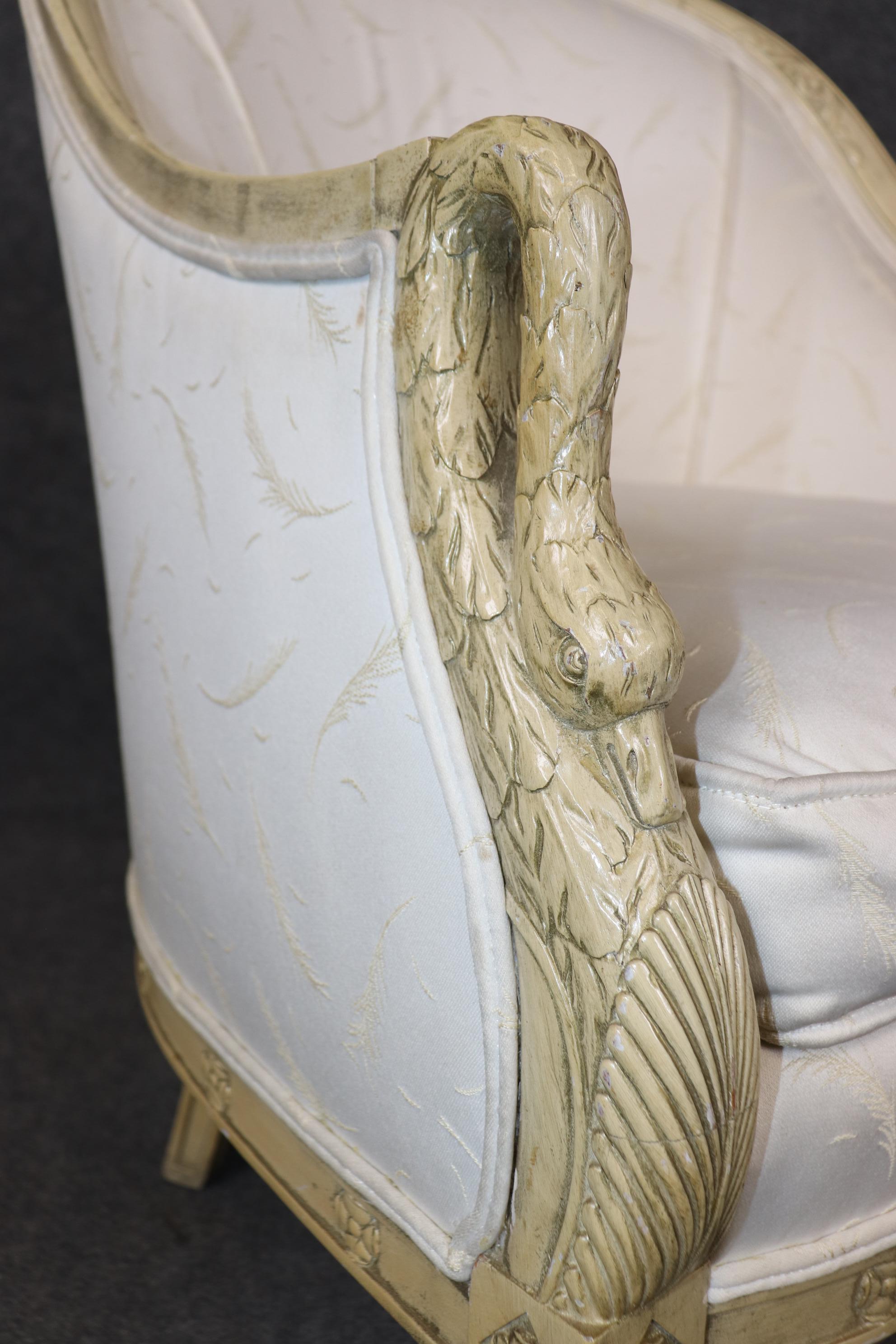 Gorgeous Single Paint DecoratedCarved Swan Tub Style French Empire Bergere Chair 3