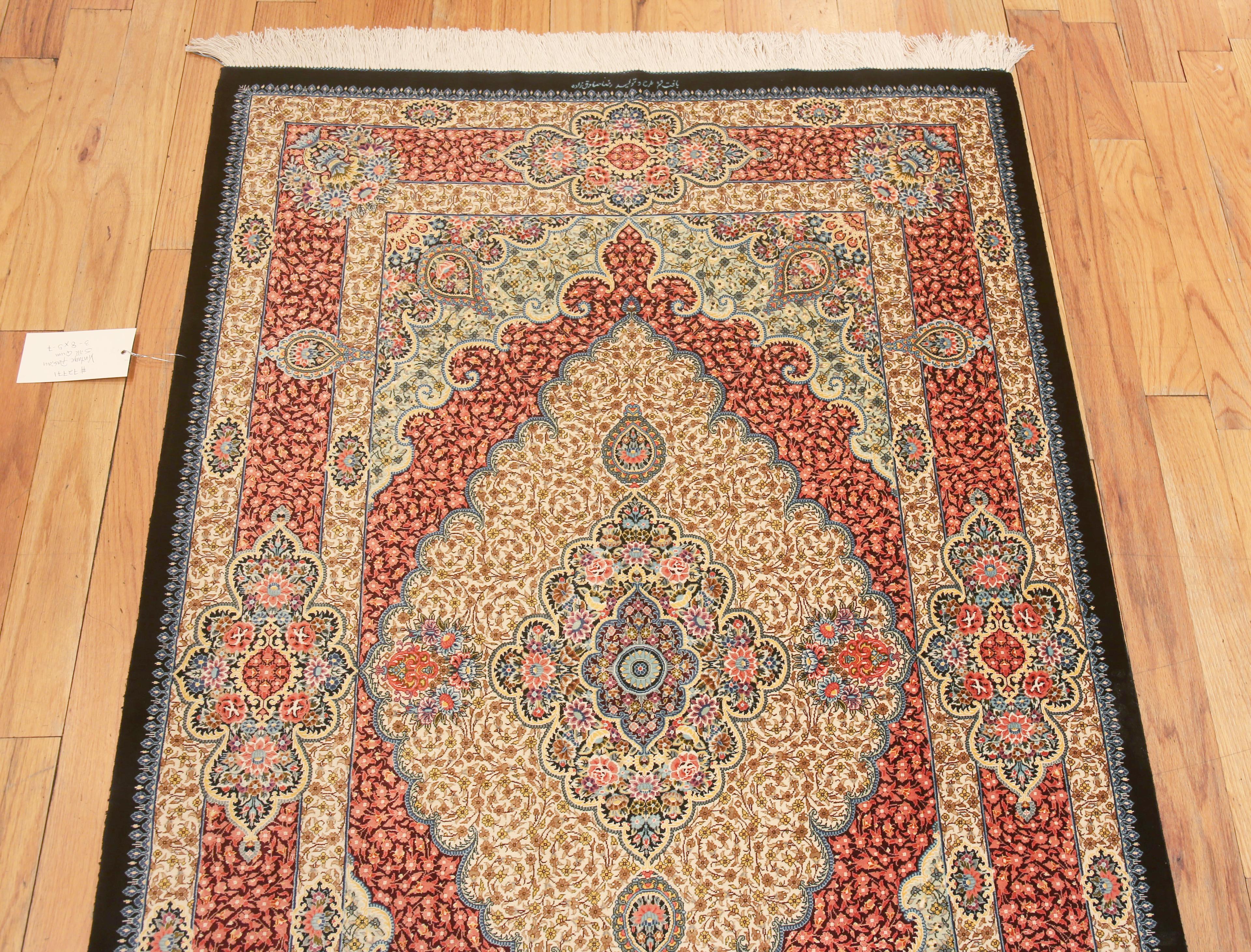Gorgeous Small Scatter Size Fine Luxurious Floral Vintage Persian Silk Qum Rug, country of origin: Persian Rugs, Circa date: Vintage