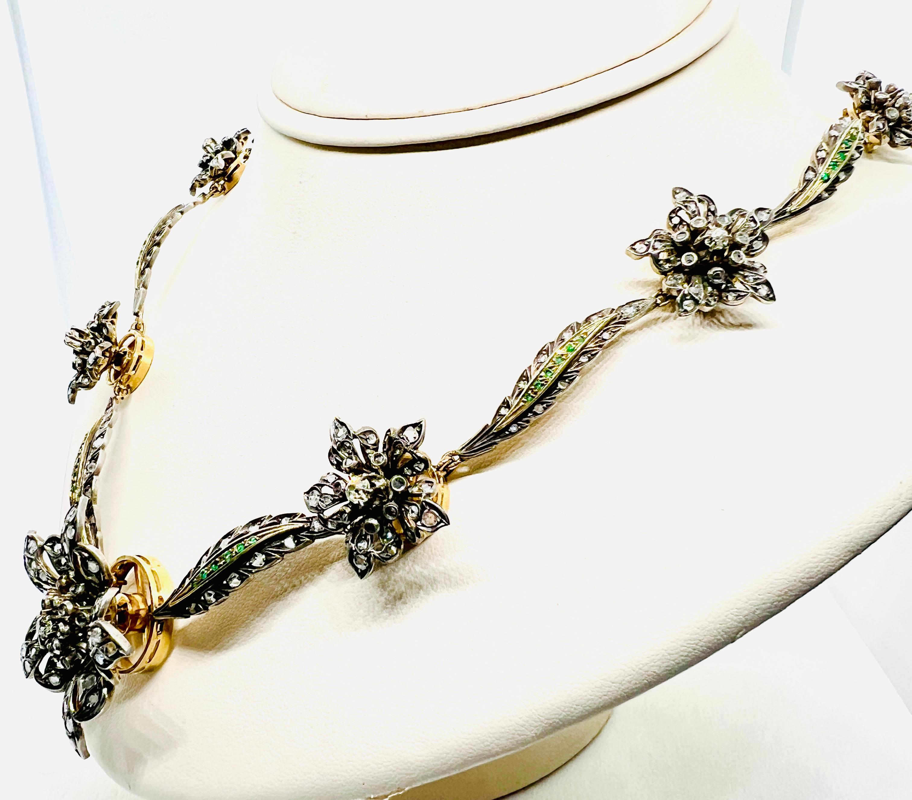 Old Mine Cut Gorgeous Sterling Silver, 18K Yellow Gold, Diamond & Emerald 10 station Necklace For Sale