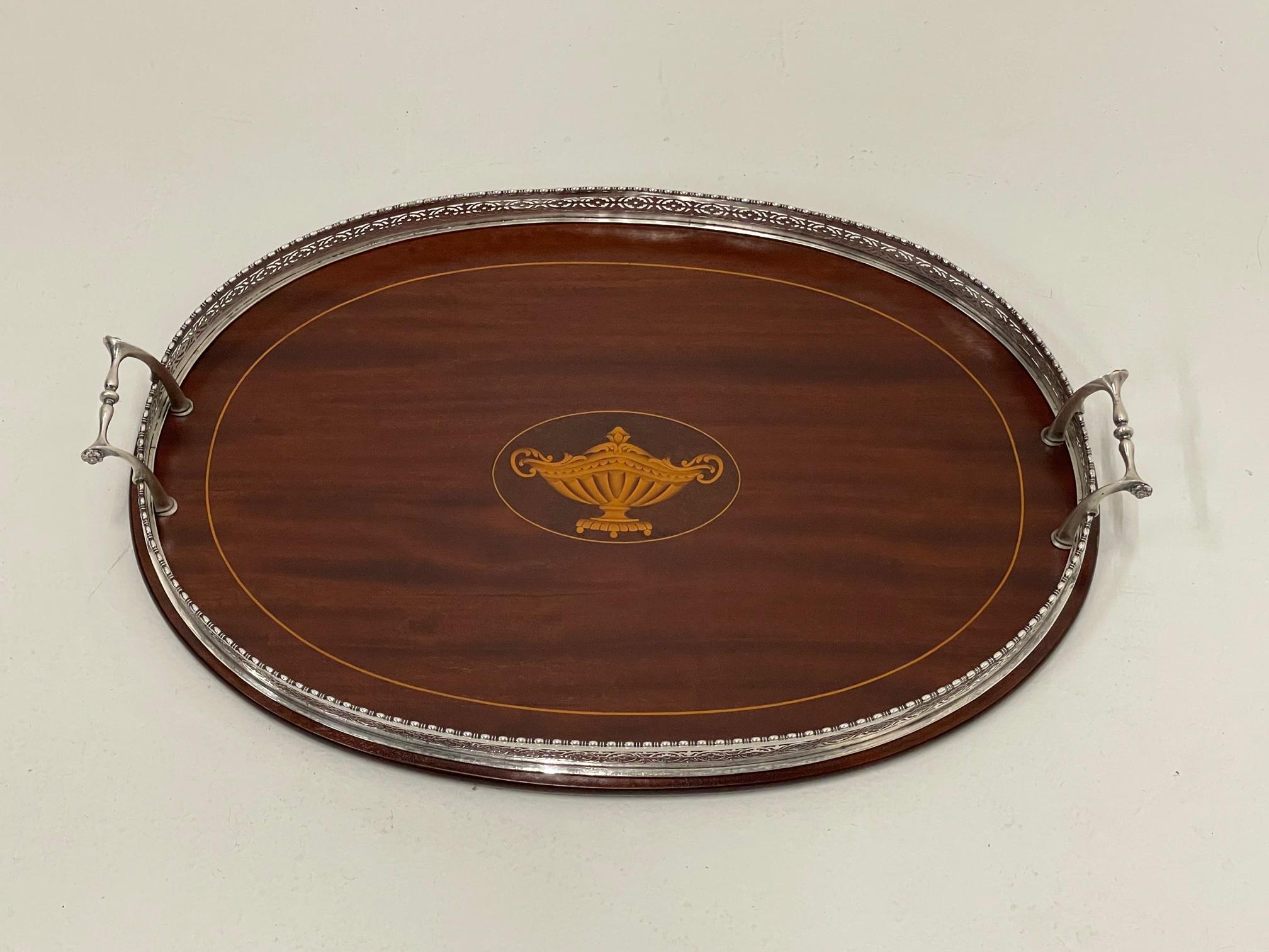 Gorgeous Sterling Silver Mounted & Mahogany Serving Tray For Sale 4