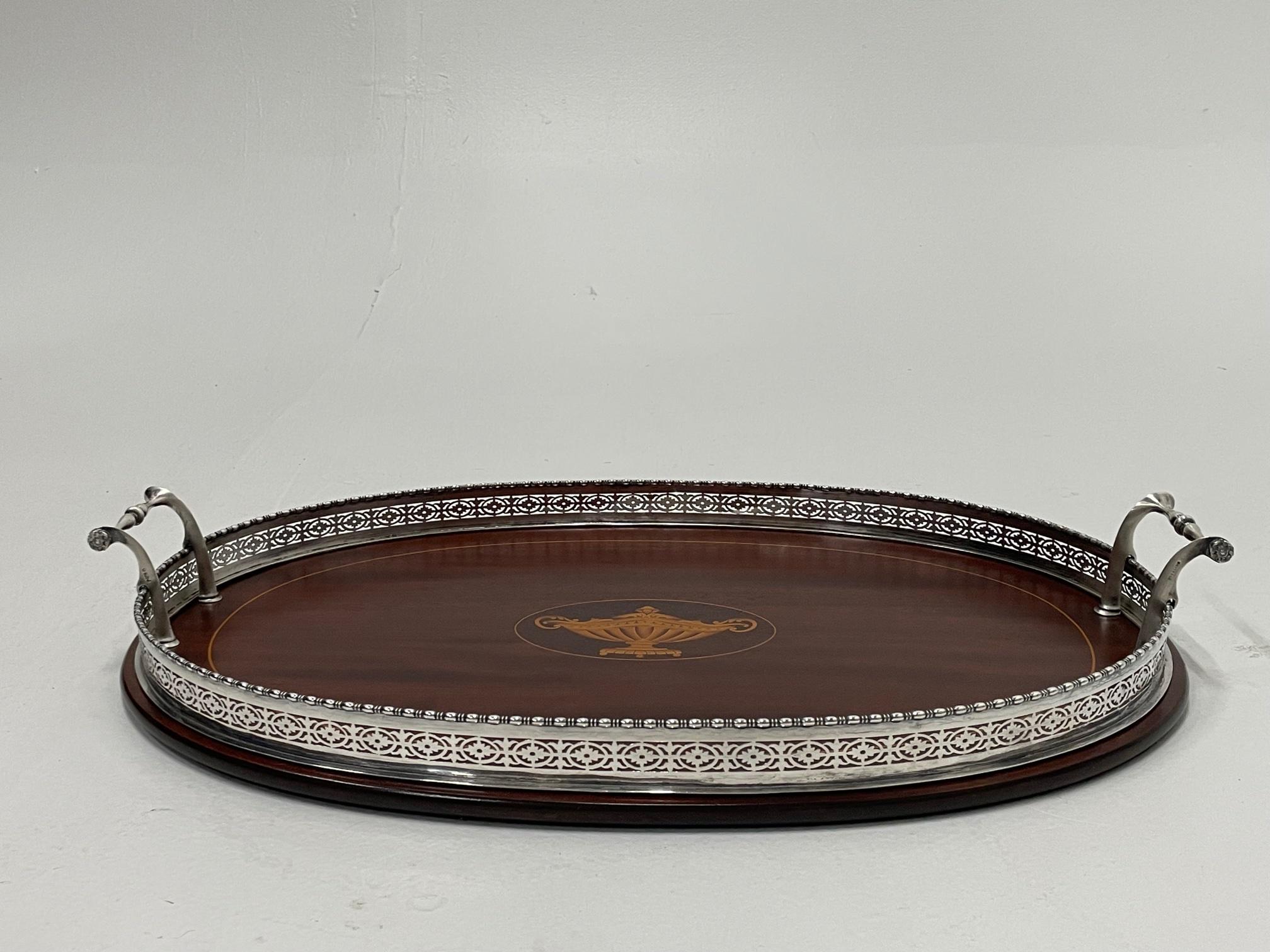 Gorgeous Sterling Silver Mounted & Mahogany Serving Tray For Sale 5
