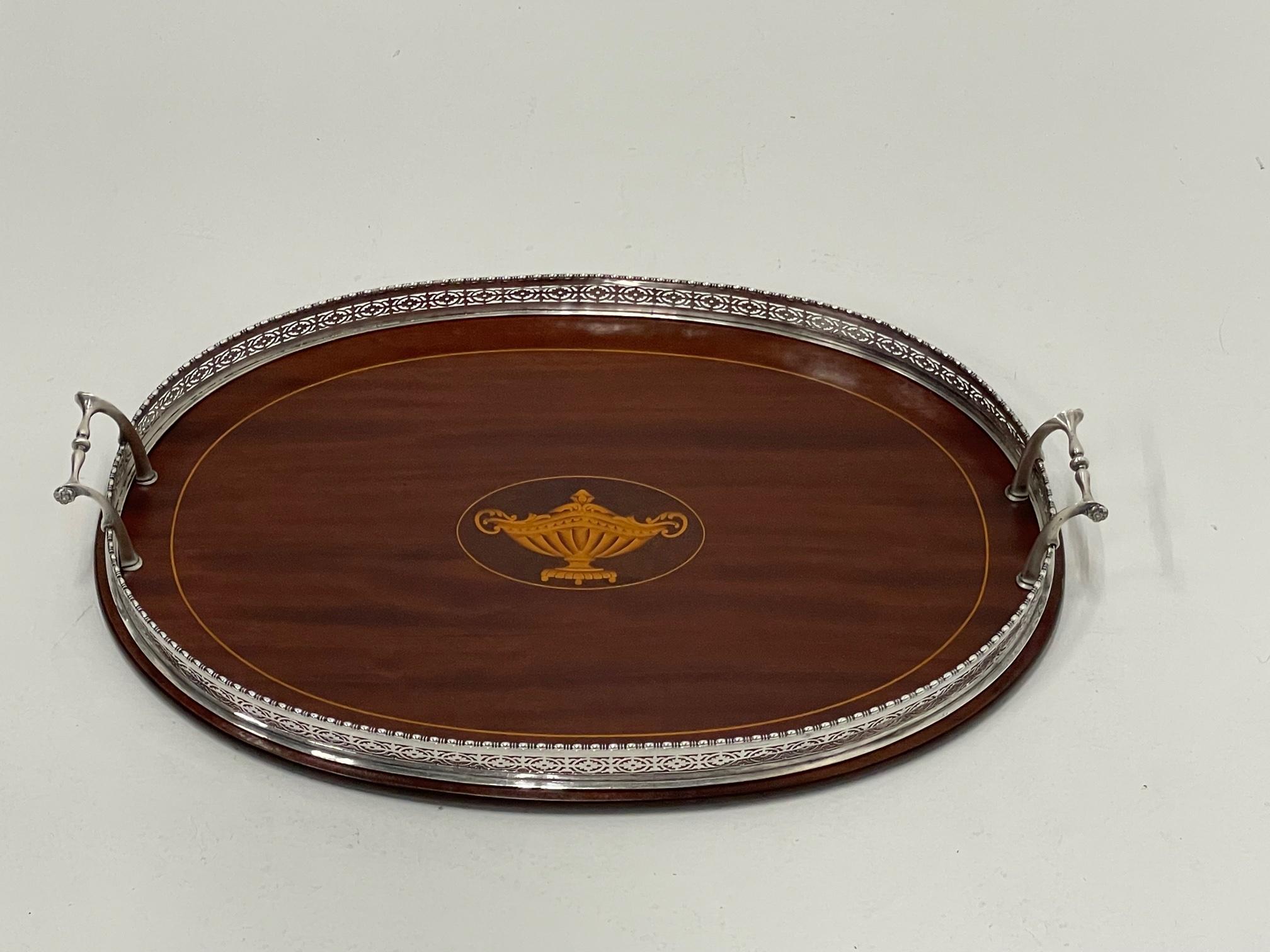 North American Gorgeous Sterling Silver Mounted & Mahogany Serving Tray For Sale