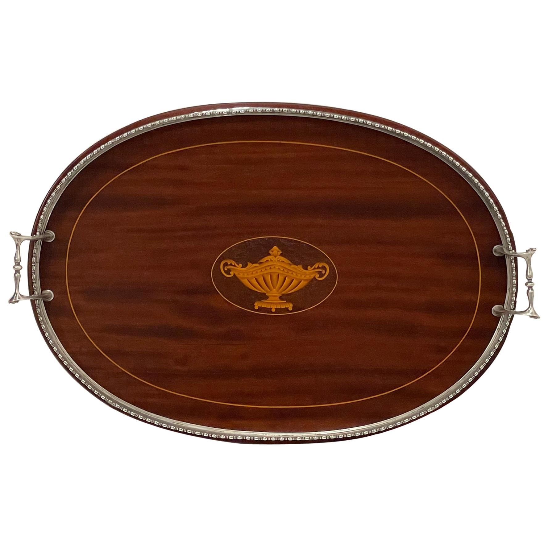 Gorgeous Sterling Silver Mounted & Mahogany Serving Tray For Sale