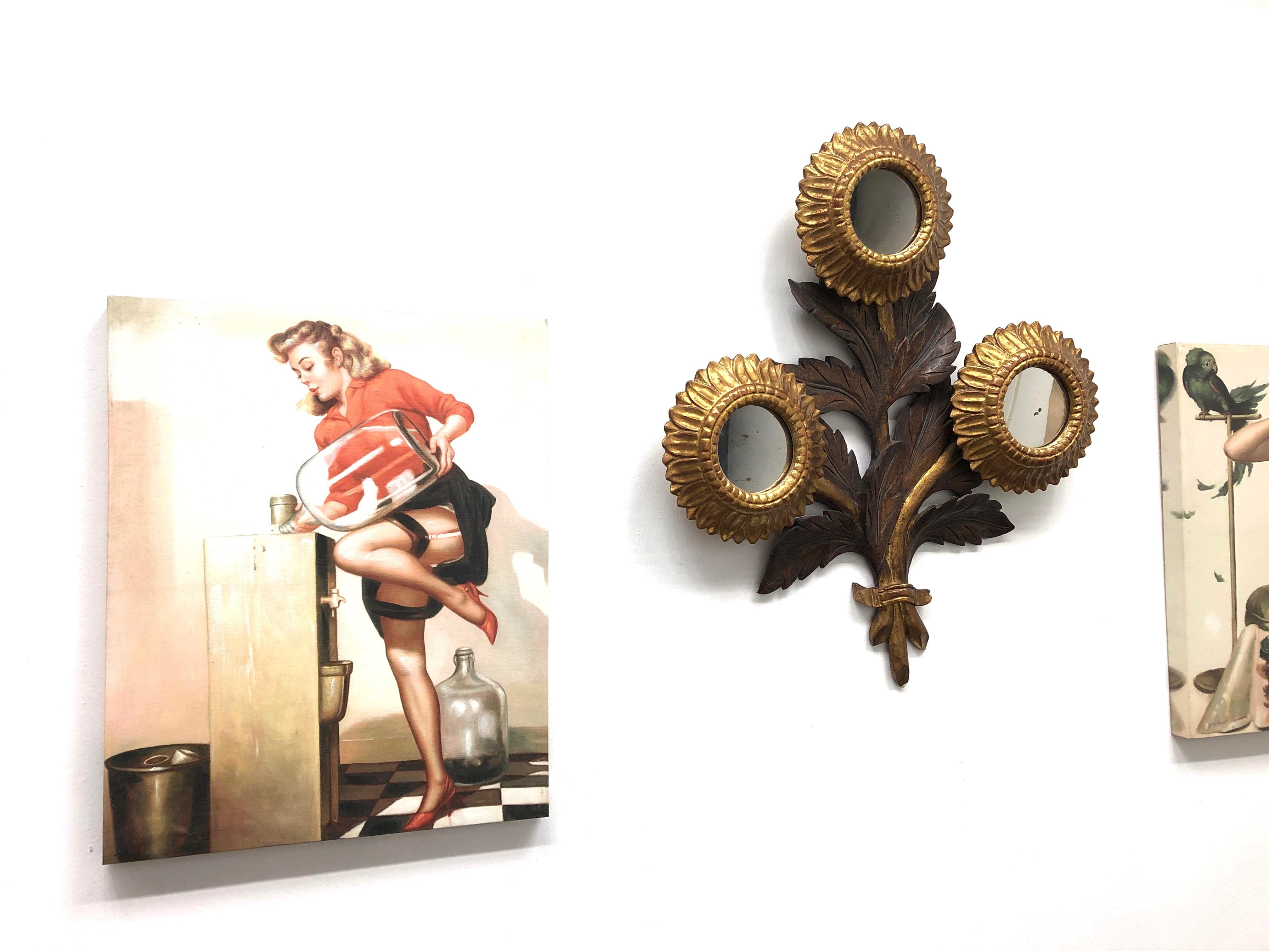 Hollywood Regency Gorgeous Sunflower Sunburst Gilded Wood Mirror, Toleware Tole Walldecoration