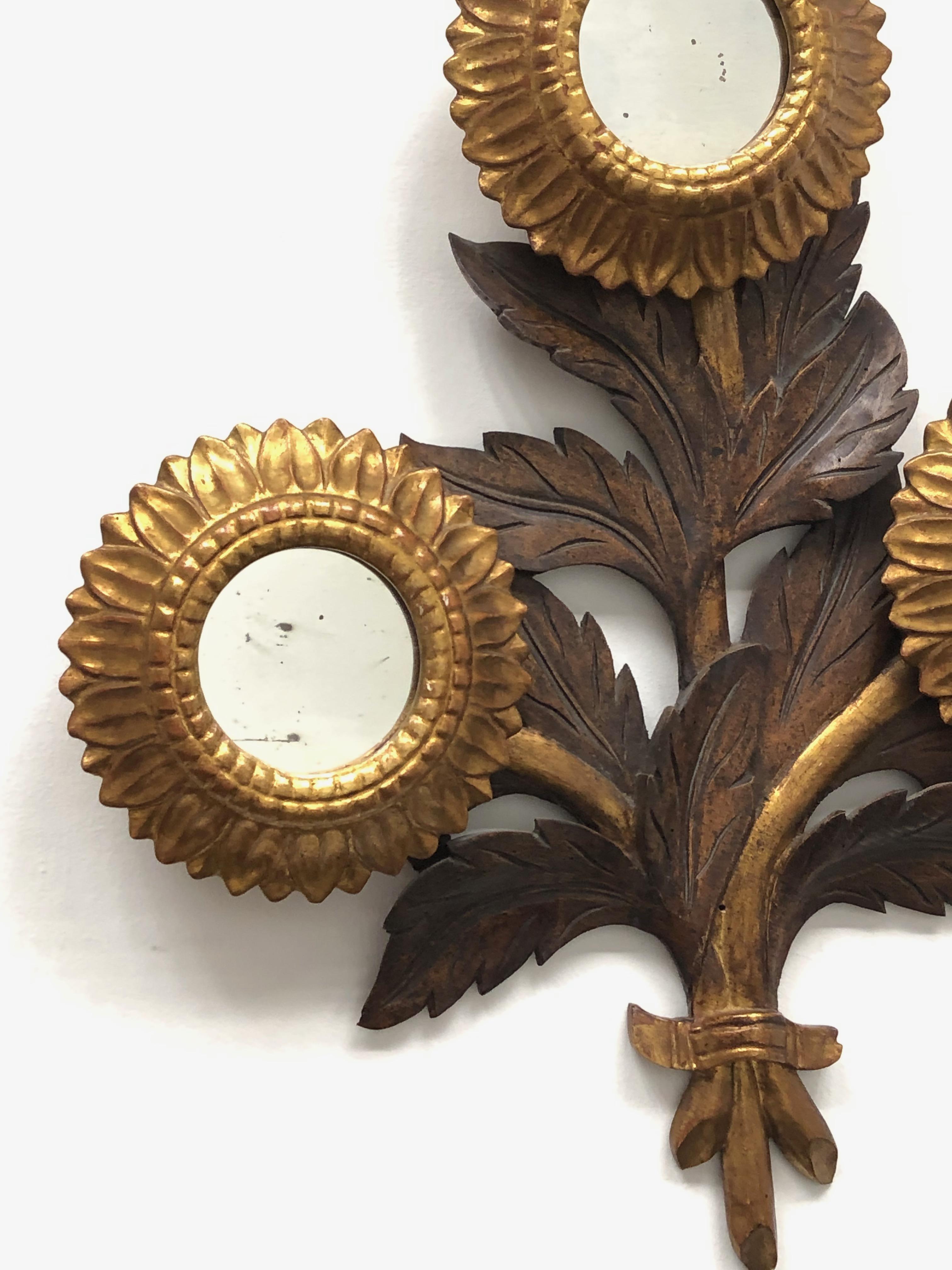 Gorgeous Sunflower Sunburst Gilded Wood Mirror, Toleware Tole Walldecoration In Good Condition In Nuernberg, DE