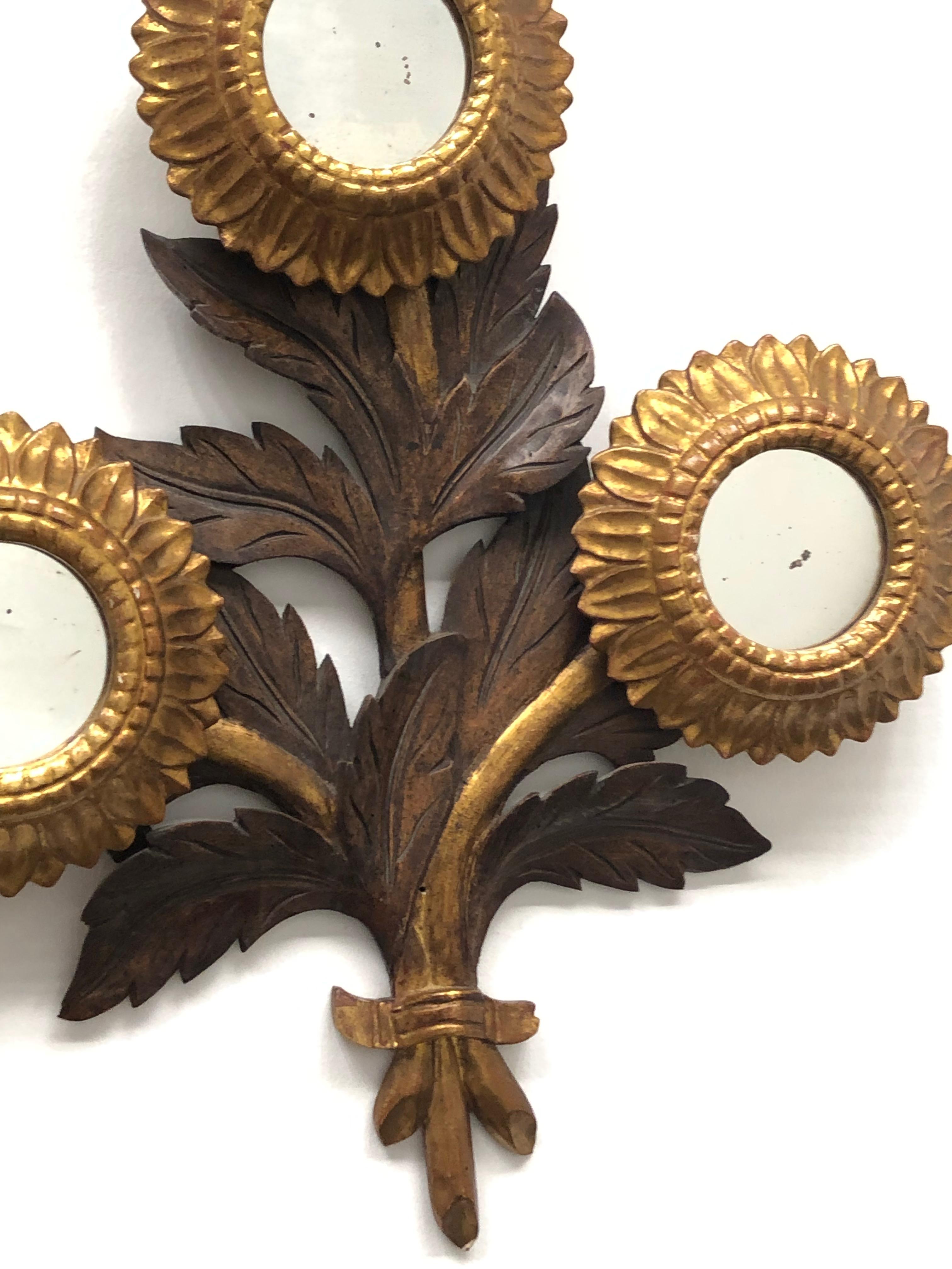 20th Century Gorgeous Sunflower Sunburst Gilded Wood Mirror, Toleware Tole Walldecoration