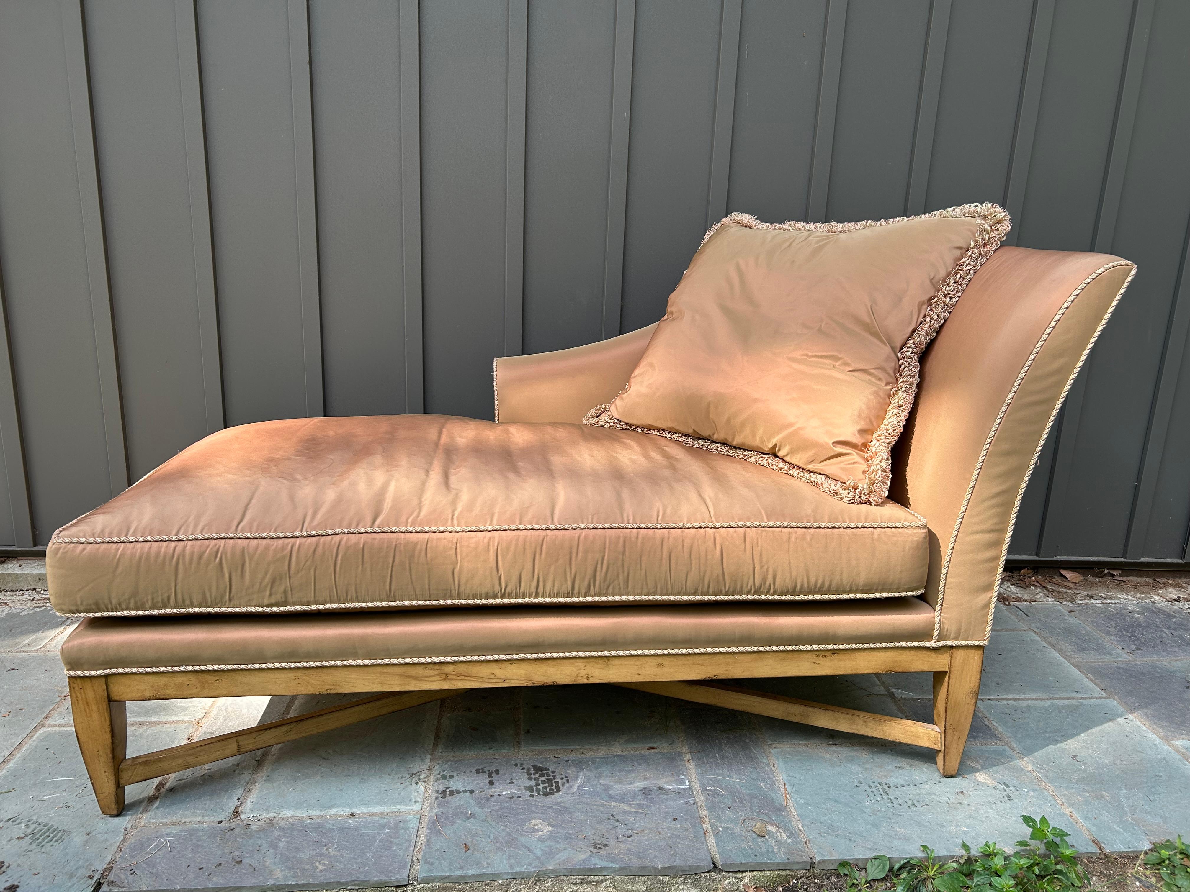 Neoclassical Chaise Lounge from Swaim Furniture.  The original upholstery shows some wear and will need to be reupholstered to be its best.  We love the intentionally distressed oak frame. This piece measures 28