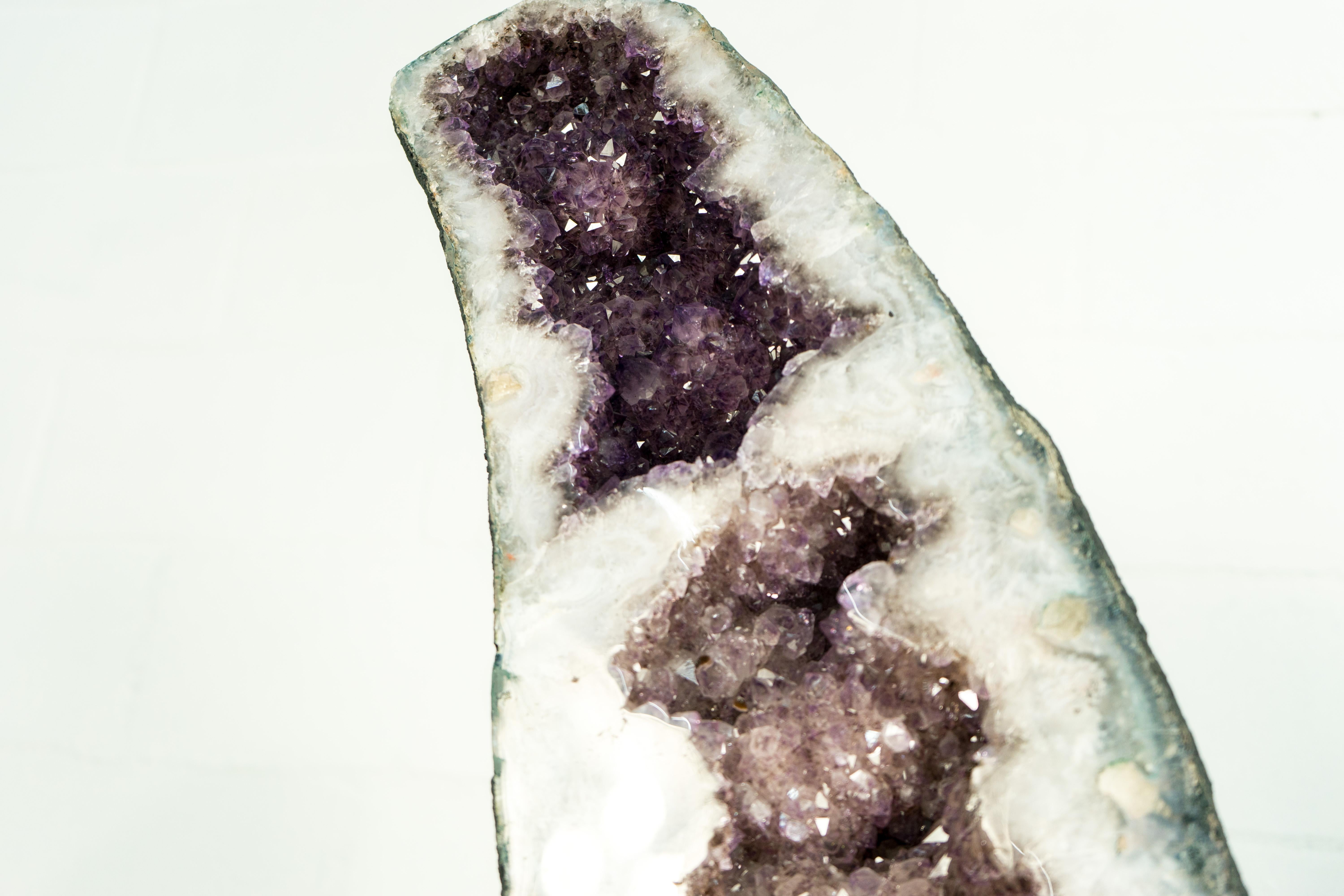 Gorgeous X-Large, 6.7 Feet Tall Amethyst Geode Wings Filled with Stalactites, Golden Cacoxenite and Shiny, Lavender Purple Amethyst Druzy 

▫️ Description

A pair of Amethyst Geode Wings with a rare, gorgeous butterfly formation. These geodes are