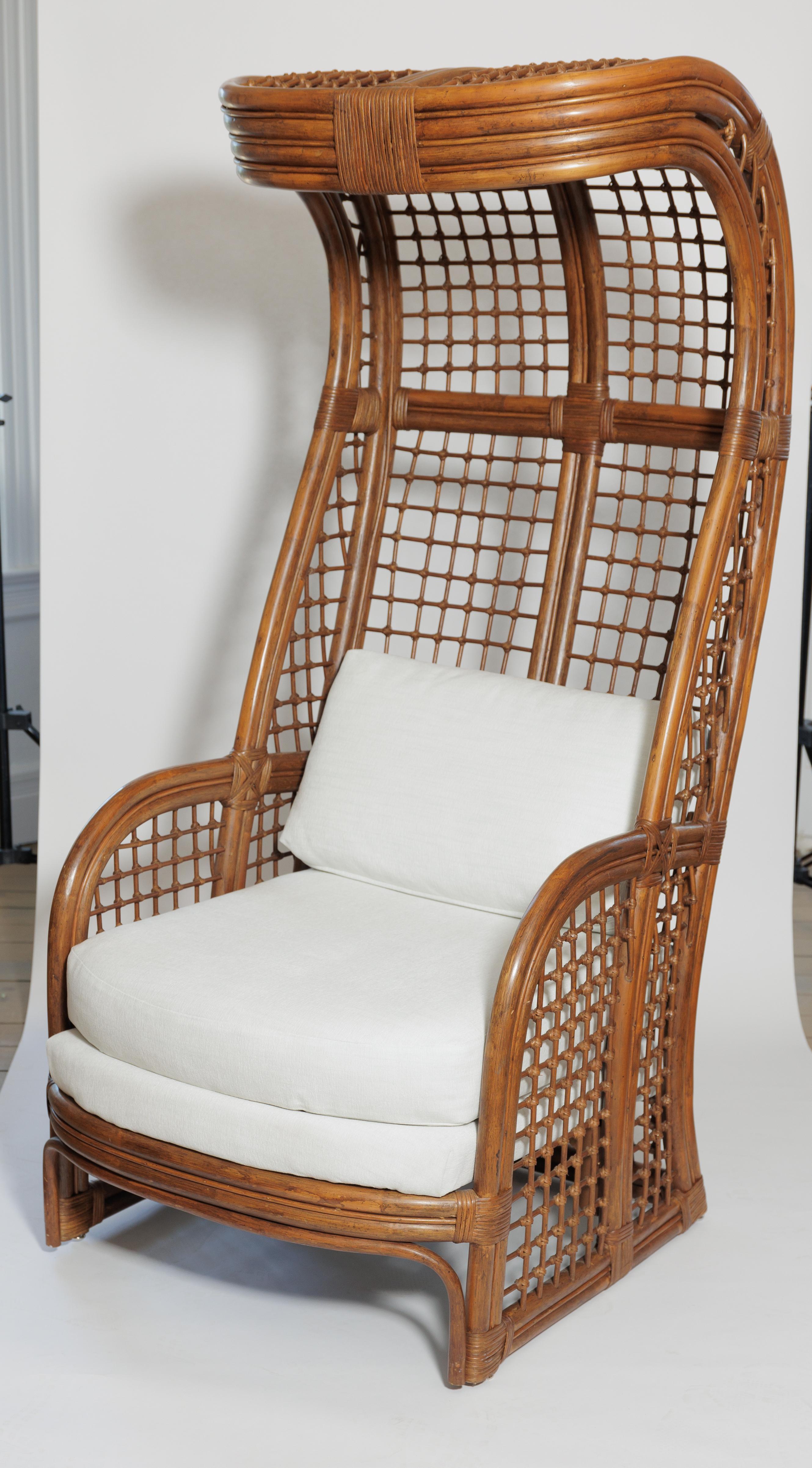 Hand-Crafted Pair of Tall Canopy Upholstered Rattan Arm Chairs For Sale