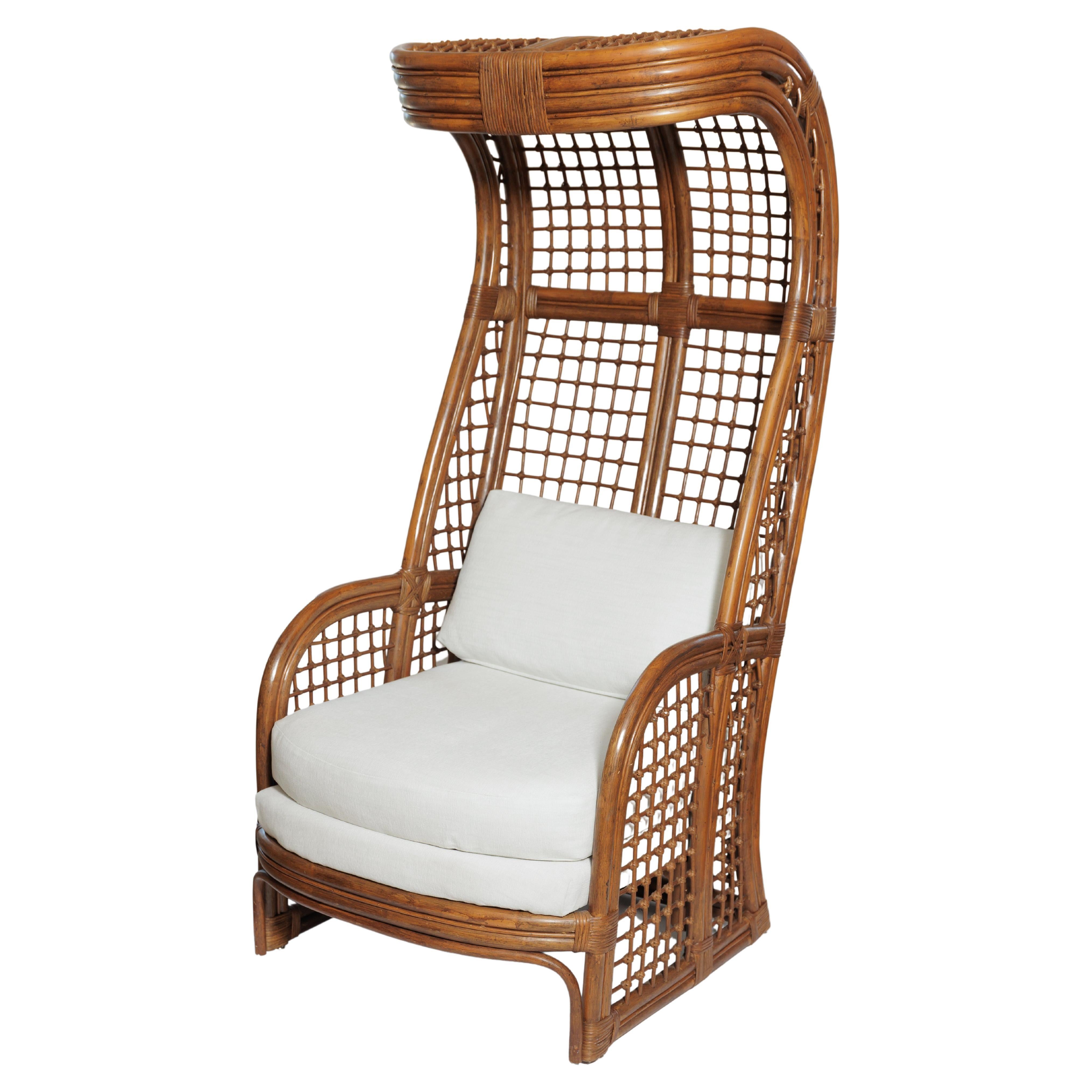 Pair of Tall Canopy Upholstered Rattan Arm Chairs For Sale