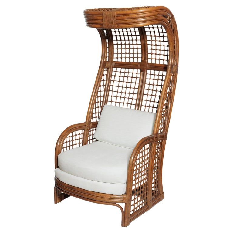 Pair of Tall Canopy Upholstered Rattan Arm Chairs For Sale at
