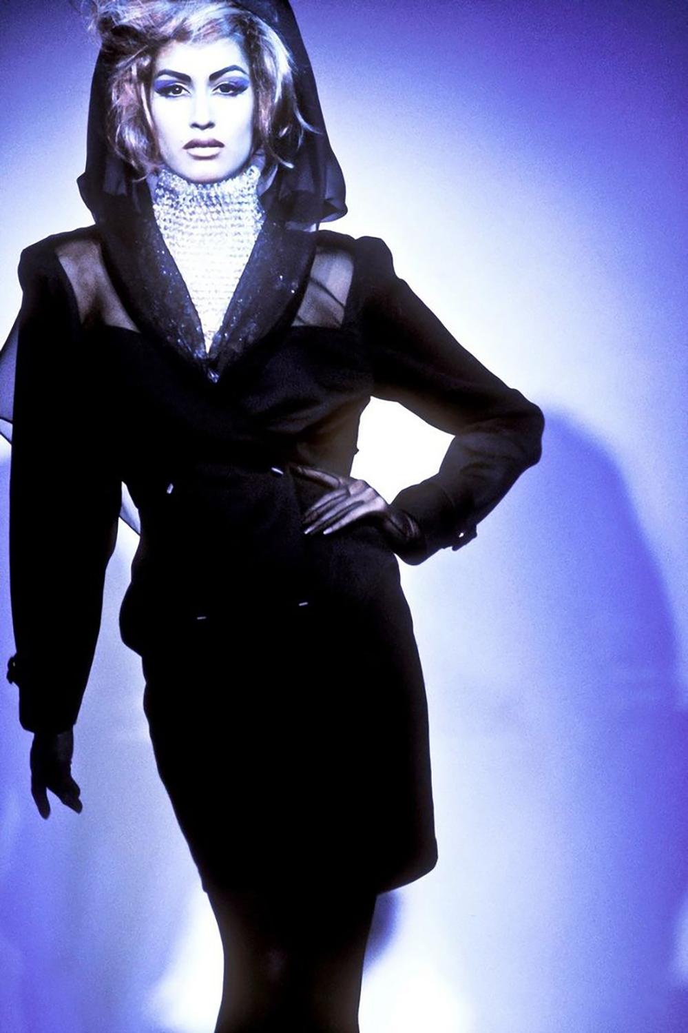 Gorgeous Thierry Mugler FW 1991 Suit Silk Sheer Hood Jacket Skirt 2