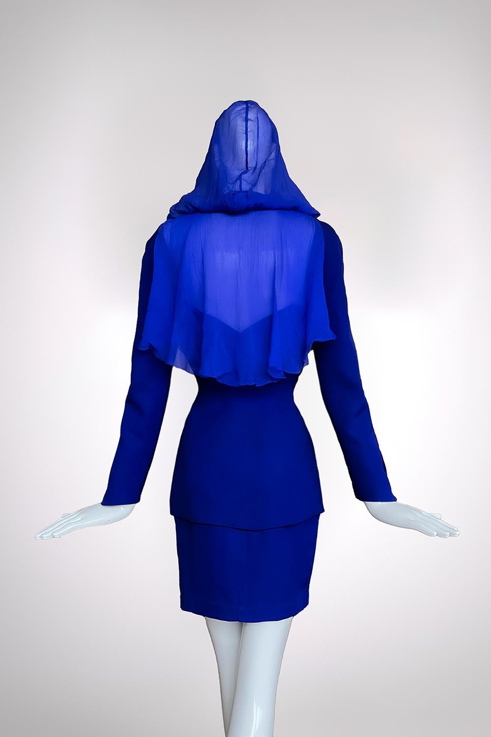 Gorgeous Thierry Mugler FW 1991 Suit Silk Sheer Hood Jacket Skirt 3