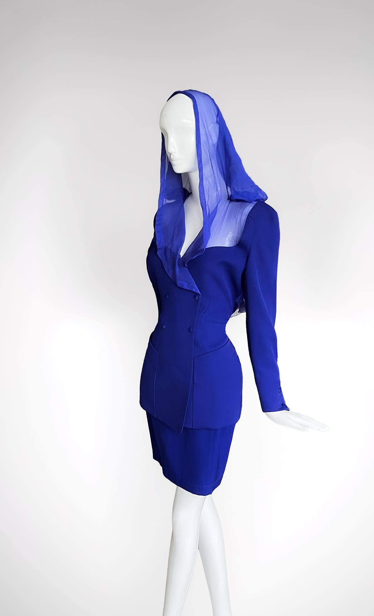 Gorgeous Thierry Mugler FW 1991 Suit Silk Sheer Hood Jacket Skirt 4
