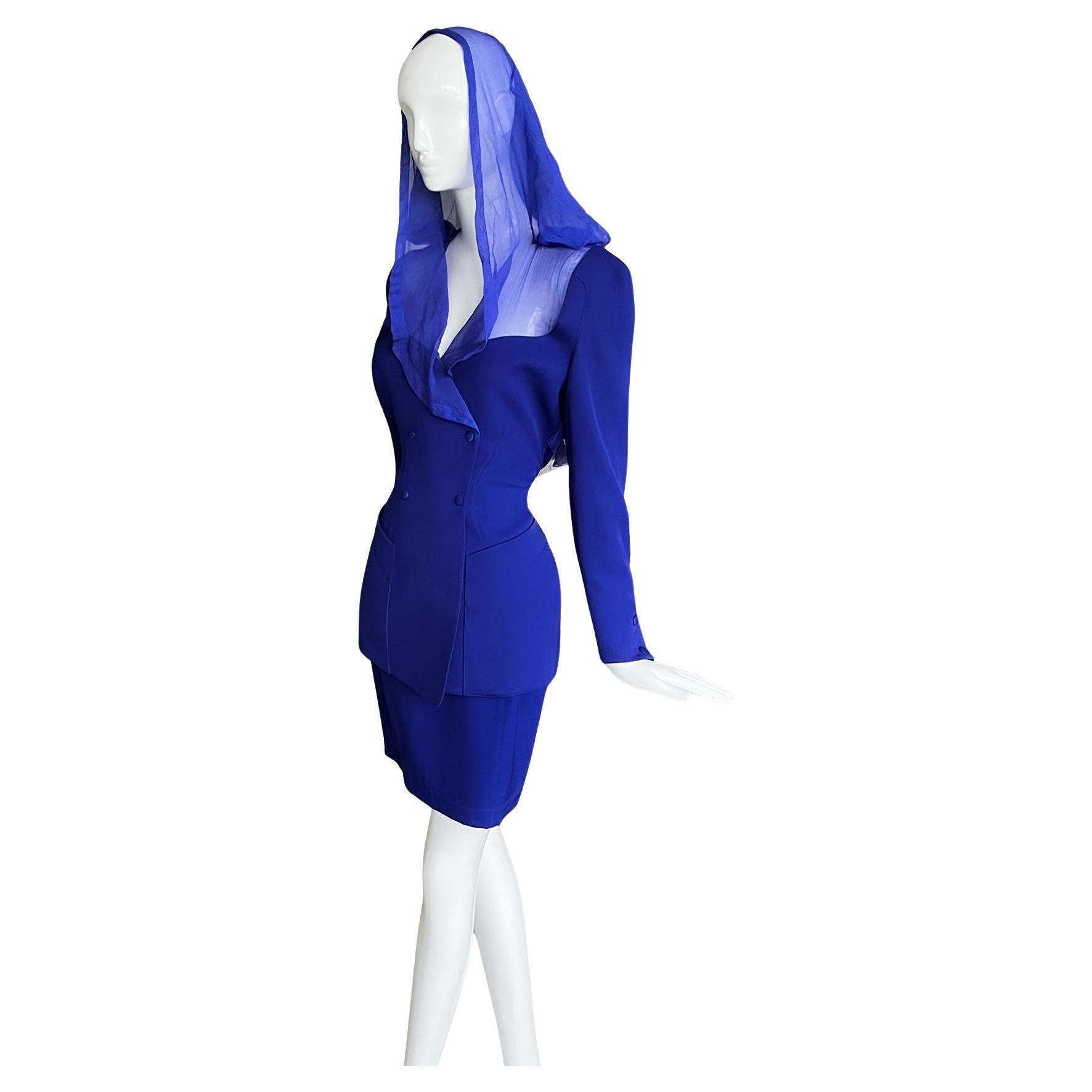 Gorgeous Thierry Mugler FW 1991 Suit Silk Sheer Hood Jacket Skirt