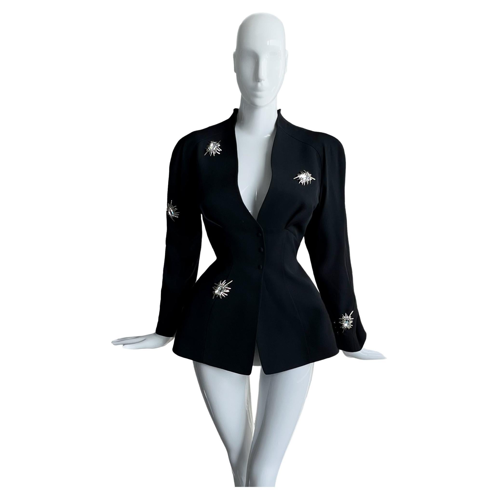 Wunderschöne Thierry Mugler Jacke, Diamant-Schmuck, seltene dramatische schwarze Jacke im Angebot