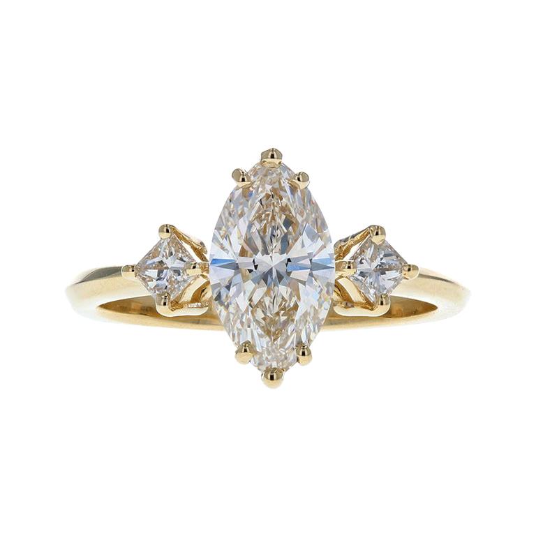 Gorgeous Three-Stone Diamond Engagement Ring with Marquise Diamond Center For Sale