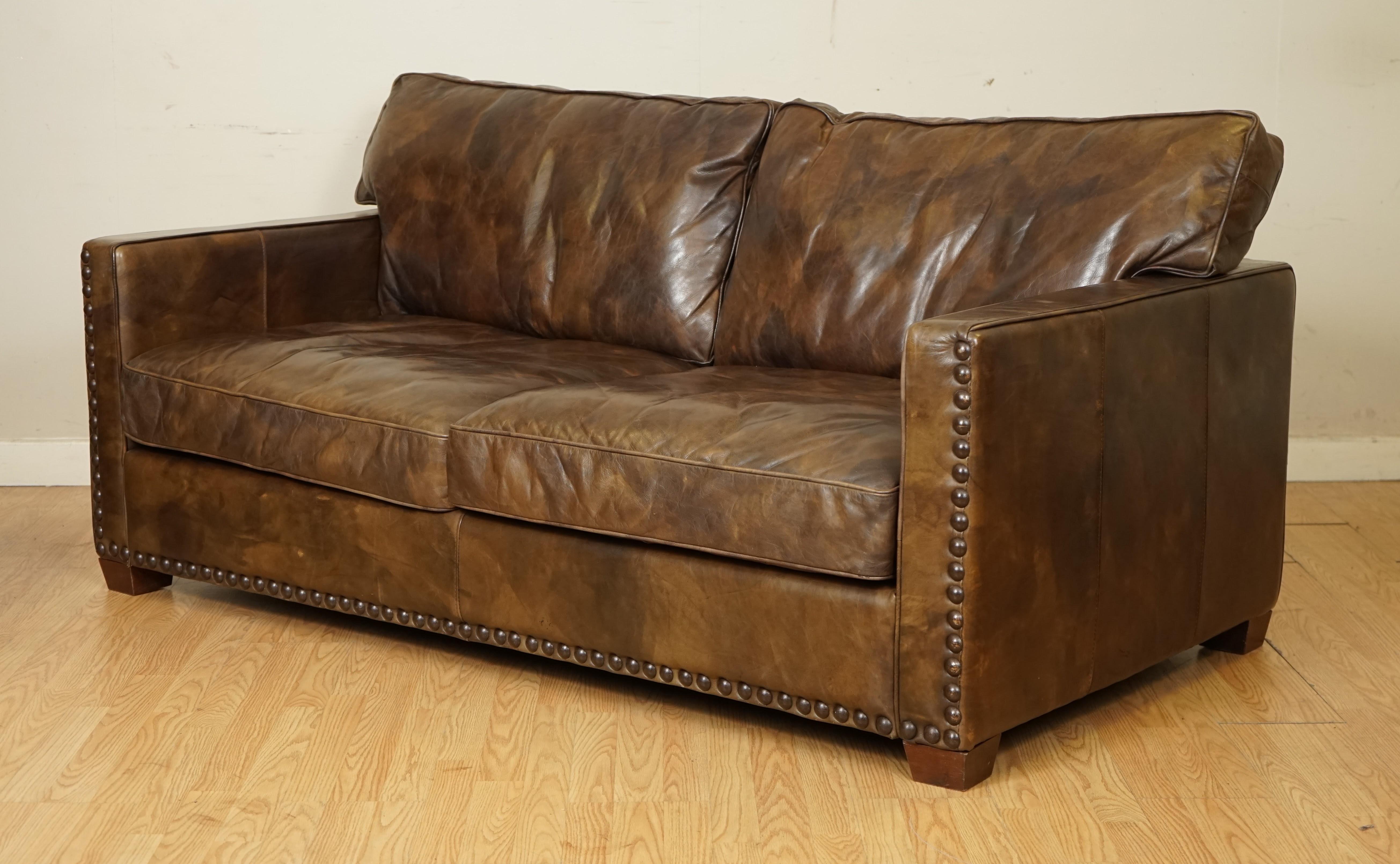 British Gorgeous Timothy Oulton Viscount Heritage Brown Leather 2/3 Seater Sofa