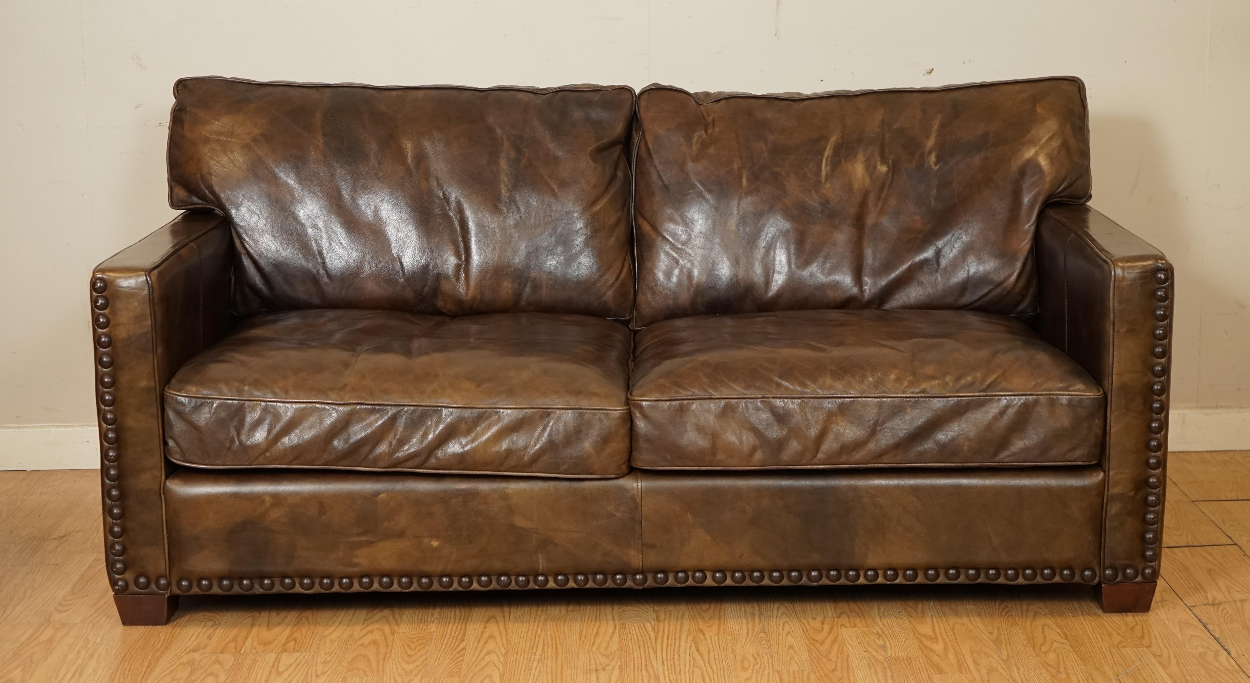 20th Century Gorgeous Timothy Oulton Viscount Heritage Brown Leather 2/3 Seater Sofa
