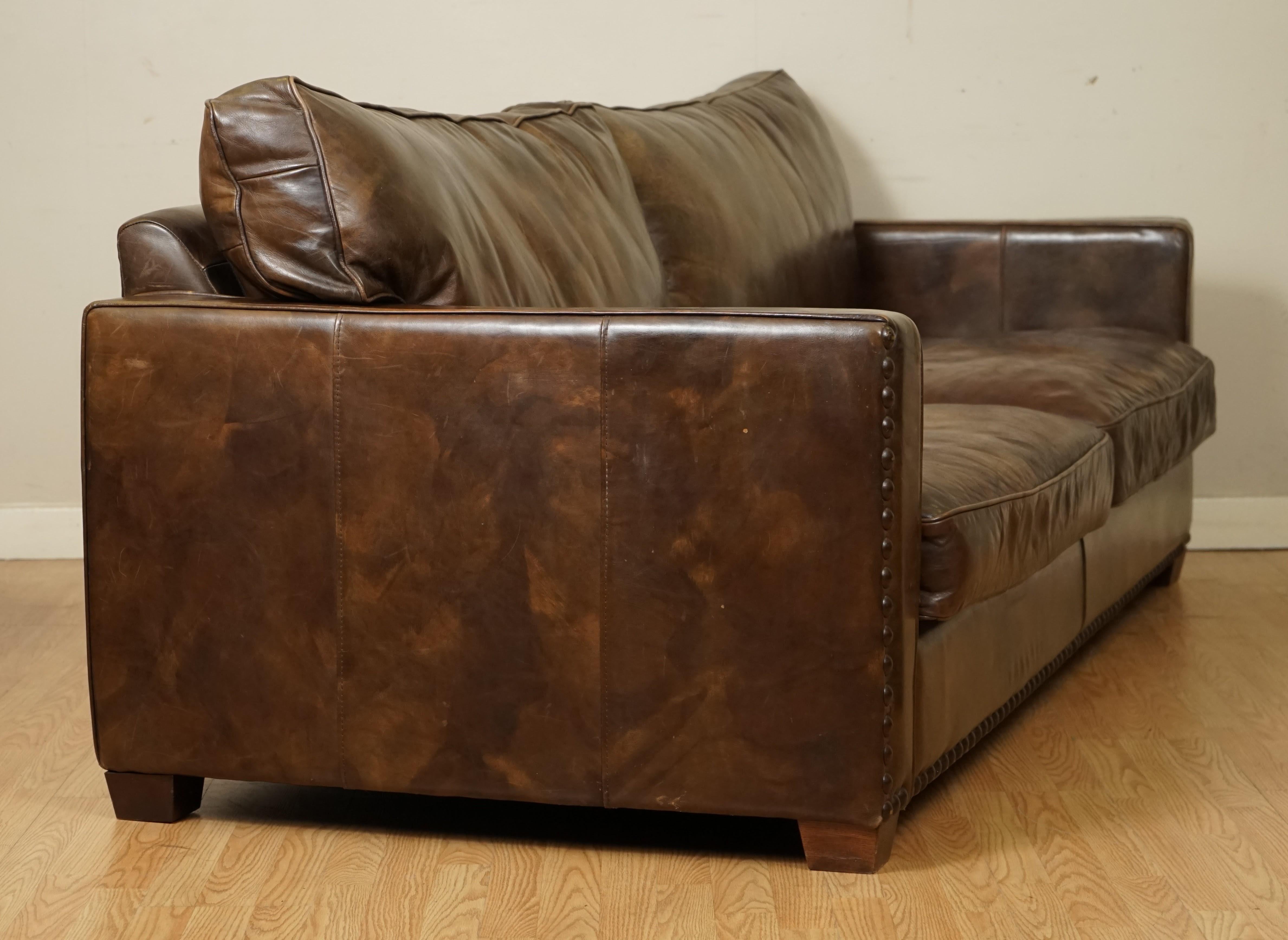 Gorgeous Timothy Oulton Viscount Heritage Brown Leather 3/4 Seater Sofa 2
