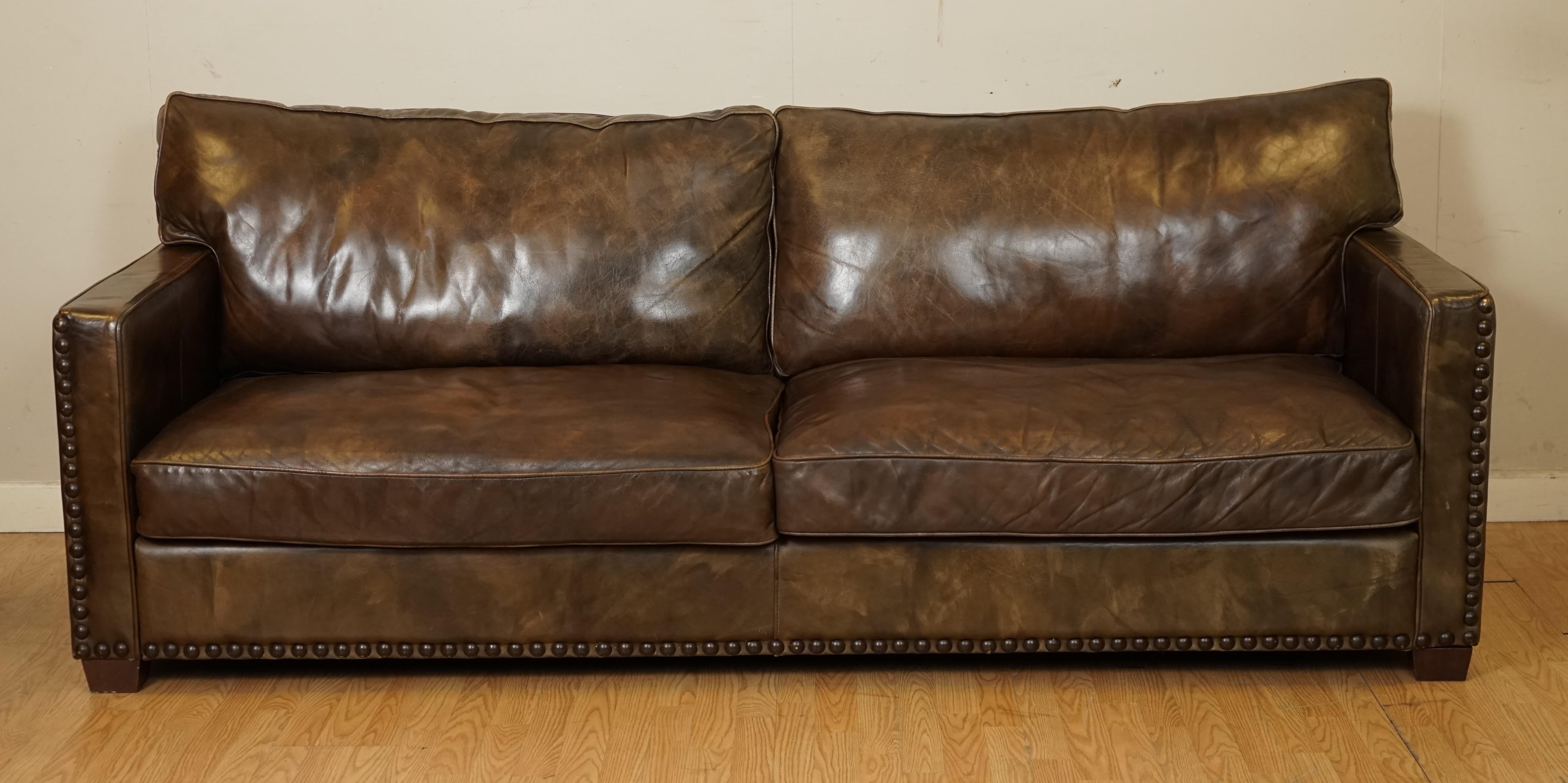 British Gorgeous Timothy Oulton Viscount Heritage Brown Leather 3/4 Seater Sofa