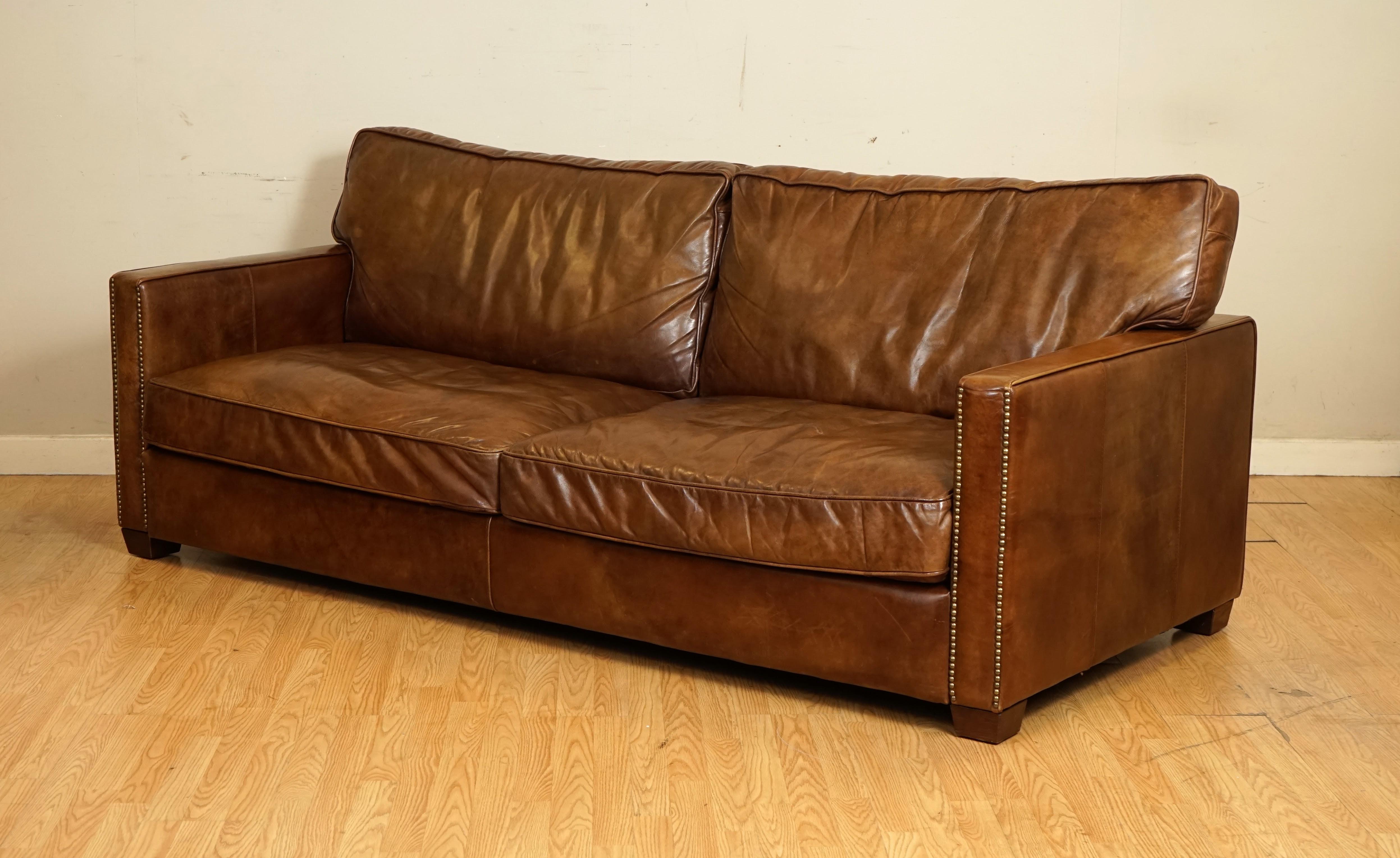 British Gorgeous Timothy Oulton Viscount Old Sadle Nut Brown Leather Three Seater Sofa