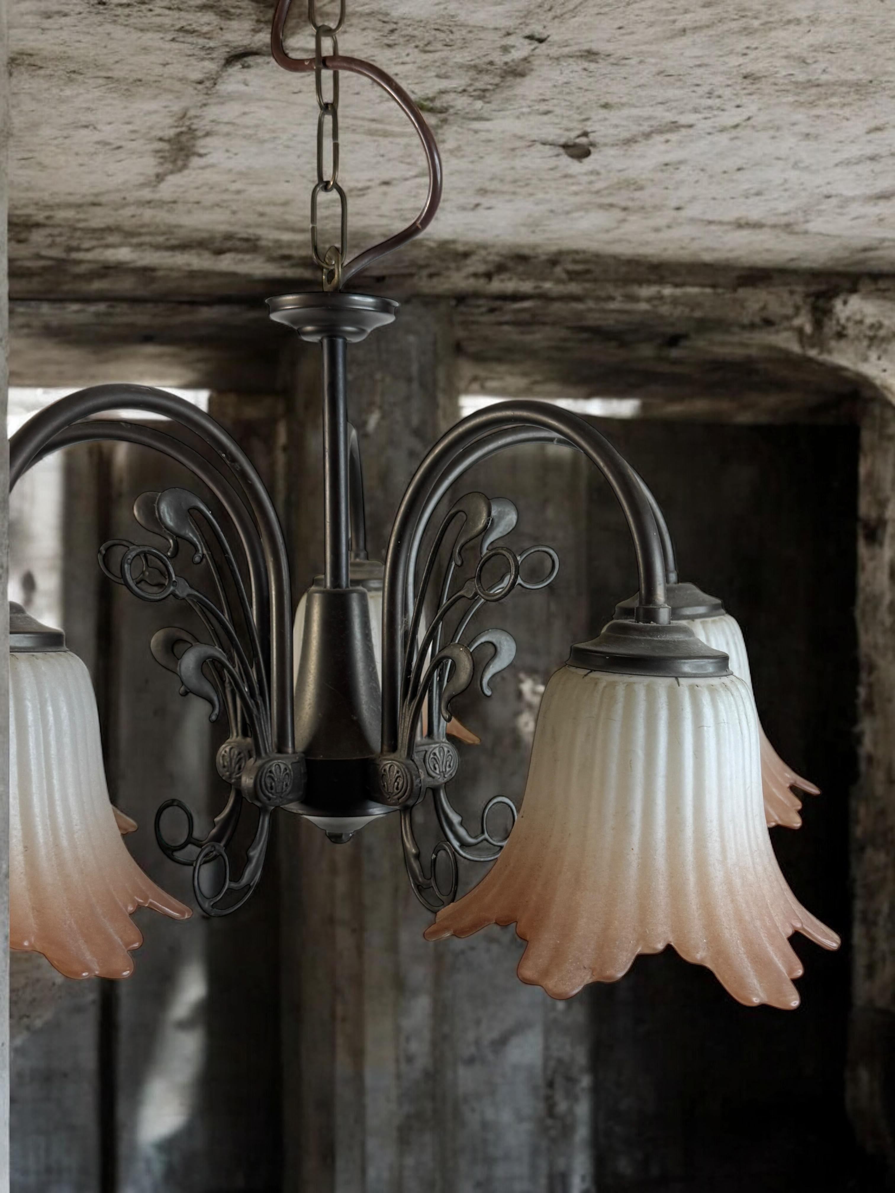 Gorgeous Tole Metal Glas Shade Five Light Chandelier, Massive Lighting, 1970s For Sale 4