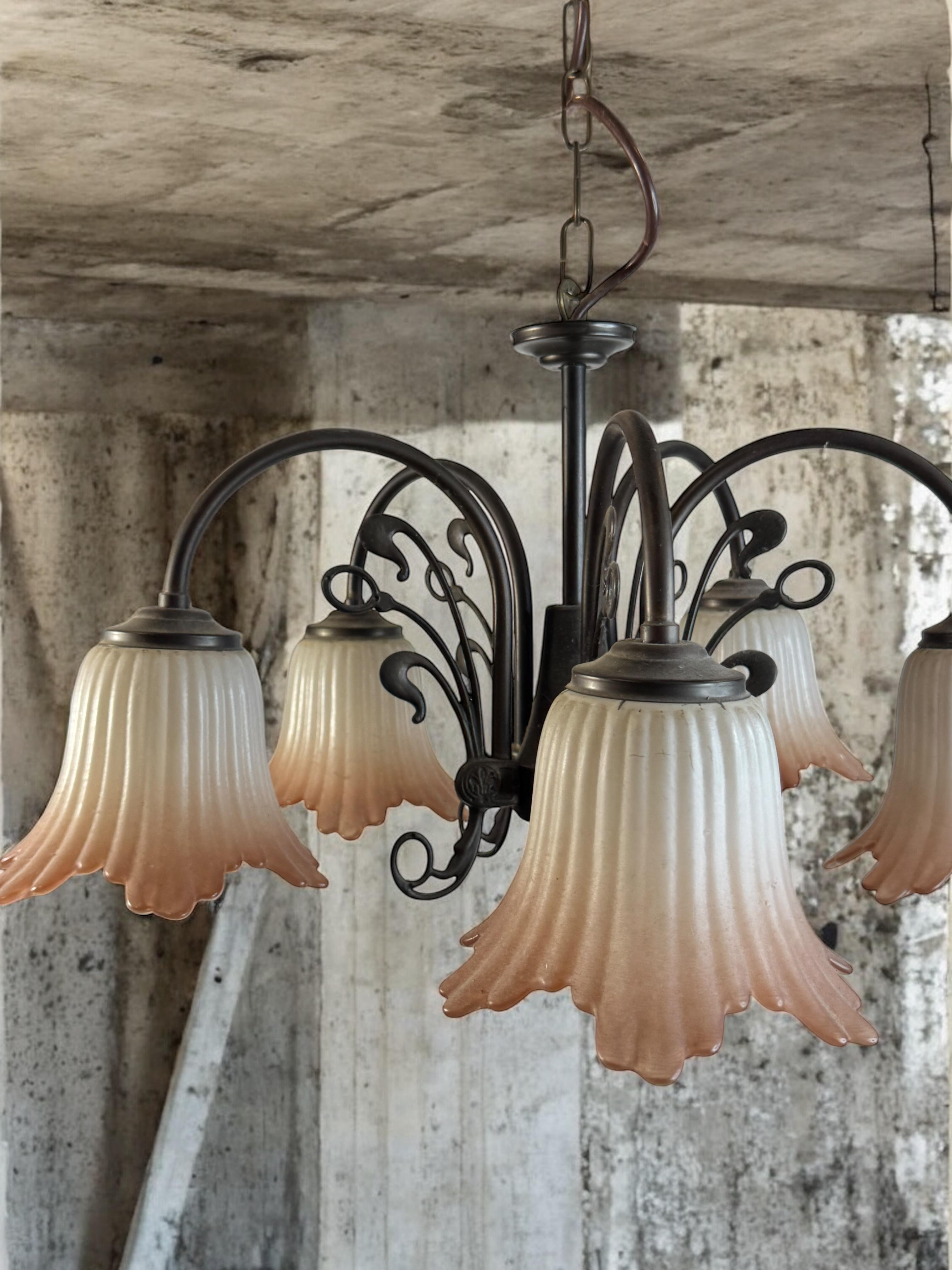 Gorgeous Tole Metal Glas Shade Five Light Chandelier, Massive Lighting, 1970s For Sale 5