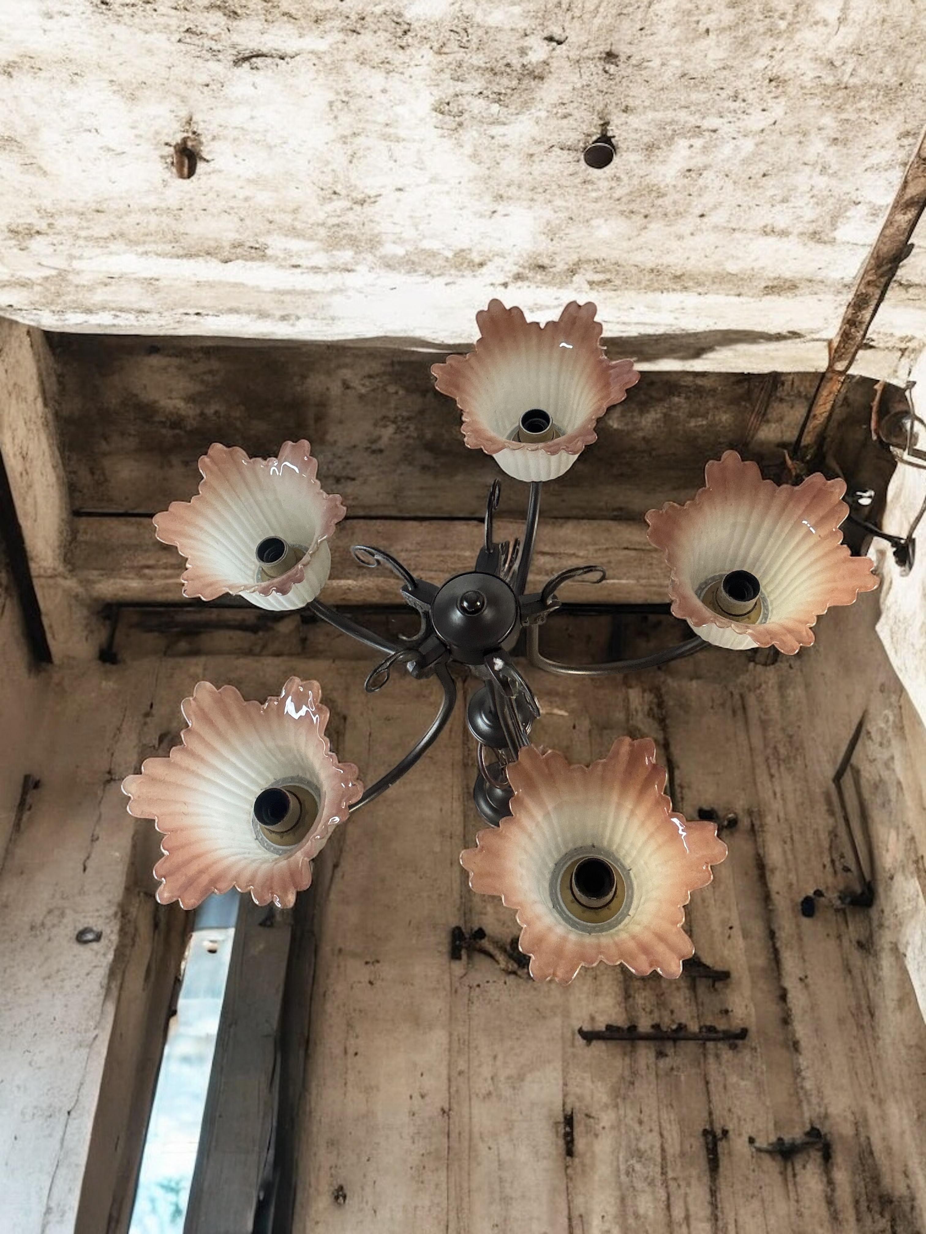 Gorgeous Tole Metal Glas Shade Five Light Chandelier, Massive Lighting, 1970s For Sale 6