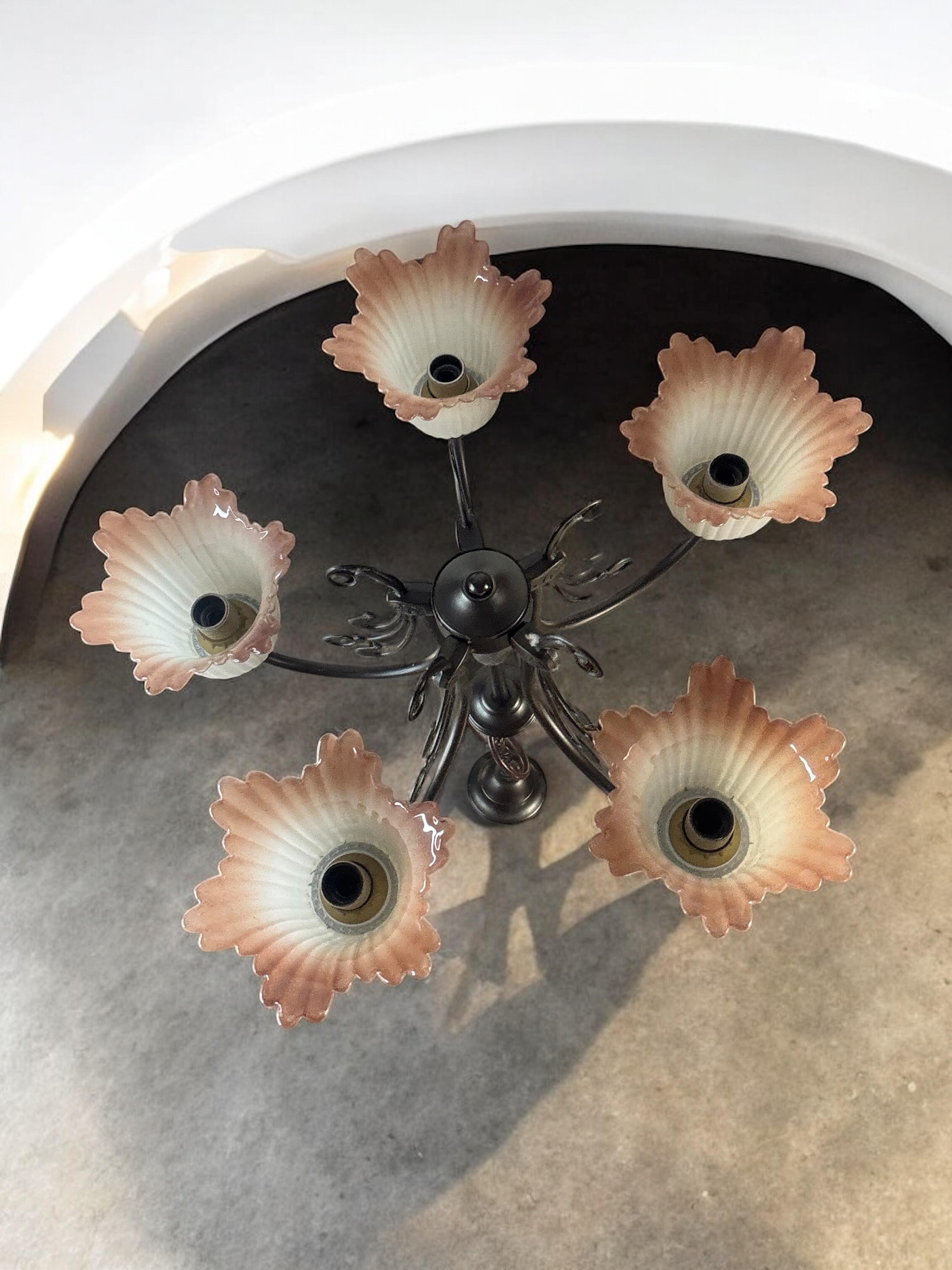 Gorgeous Tole Metal Glas Shade Five Light Chandelier, Massive Lighting, 1970s For Sale 7