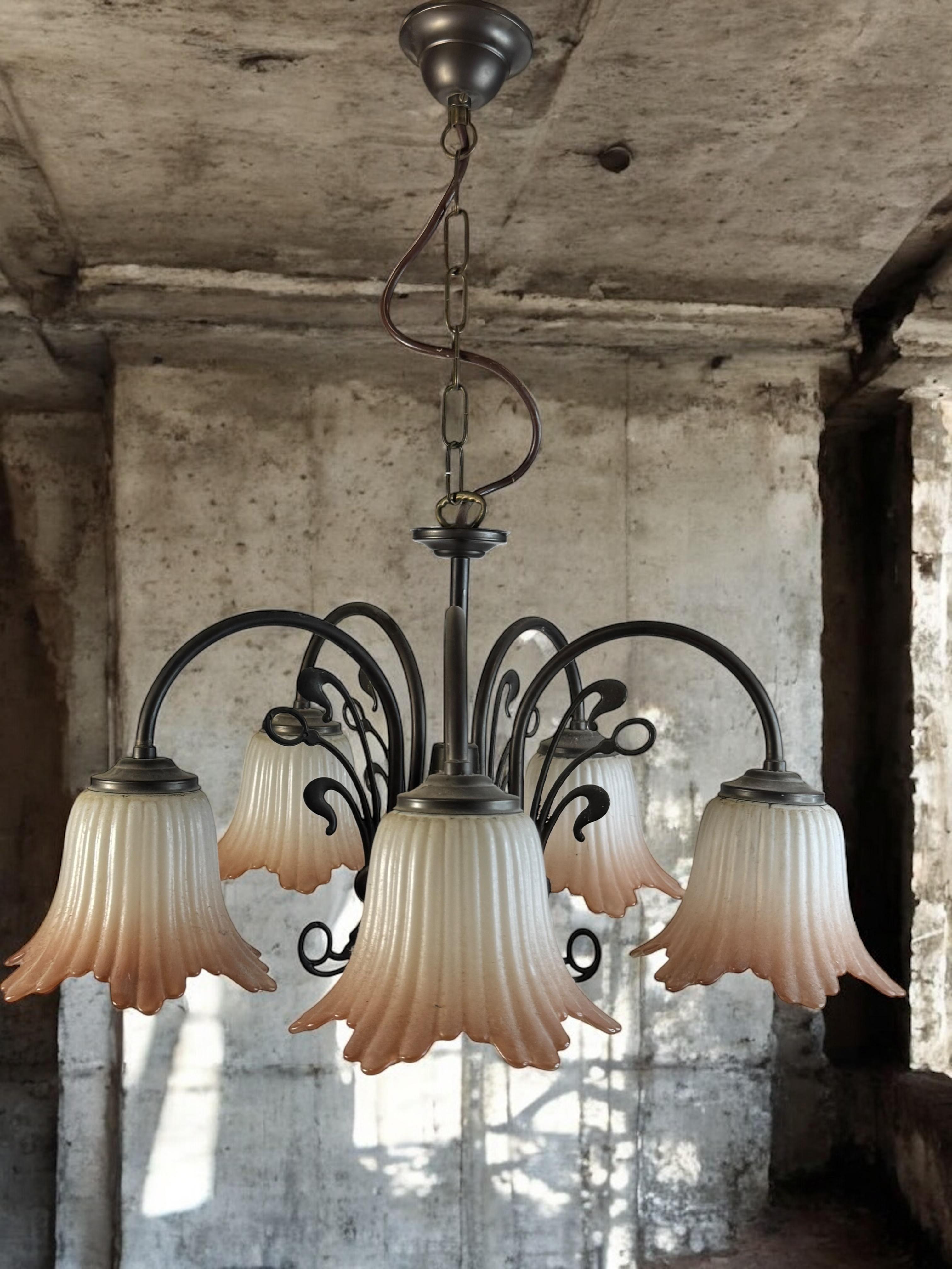 Gorgeous Tole Metal Glas Shade Five Light Chandelier, Massive Lighting, 1970s For Sale 9