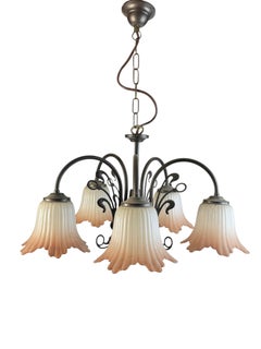 Gorgeous Tole Metal Glas Shade Five Light Chandelier, Massive Lighting, 1970s