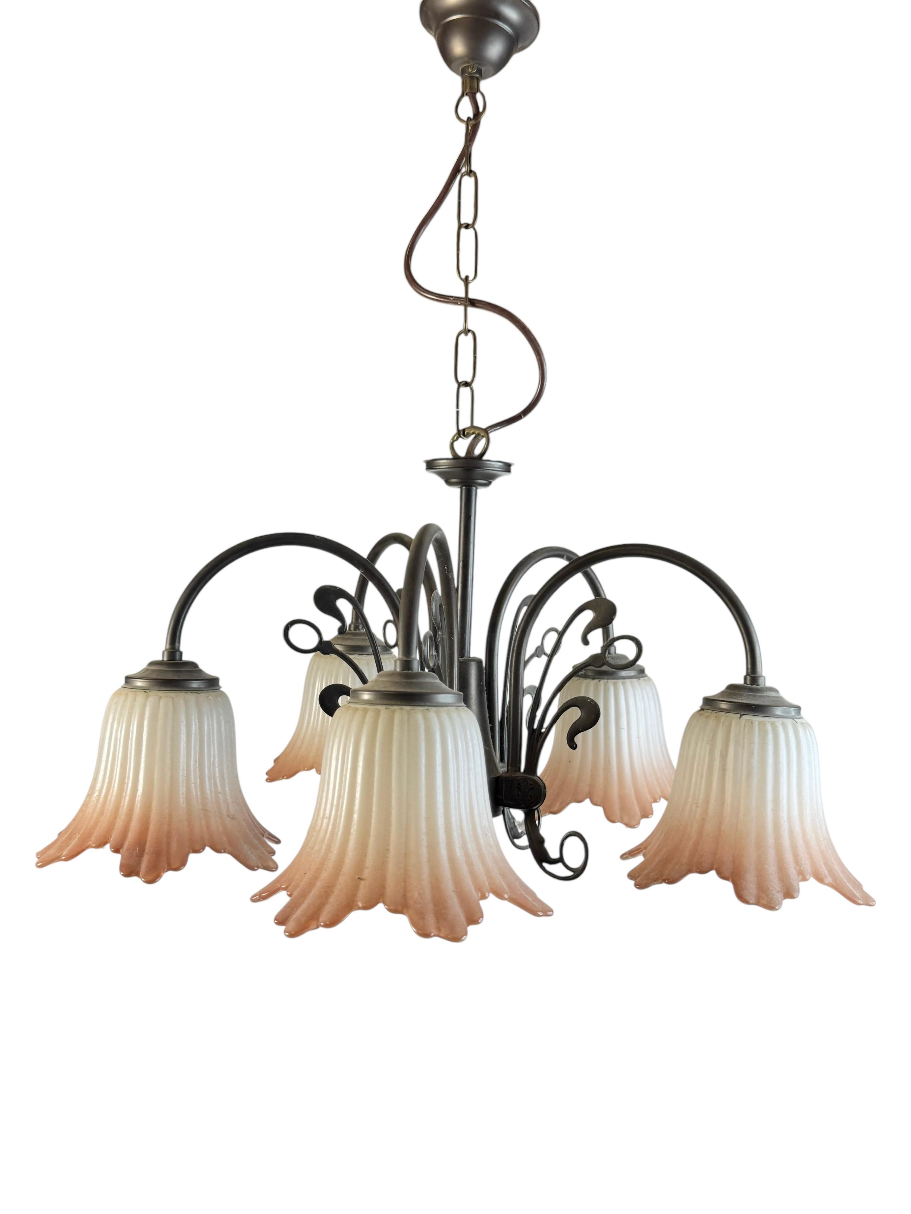 Hollywood Regency Gorgeous Tole Metal Glas Shade Five Light Chandelier, Massive Lighting, 1970s For Sale