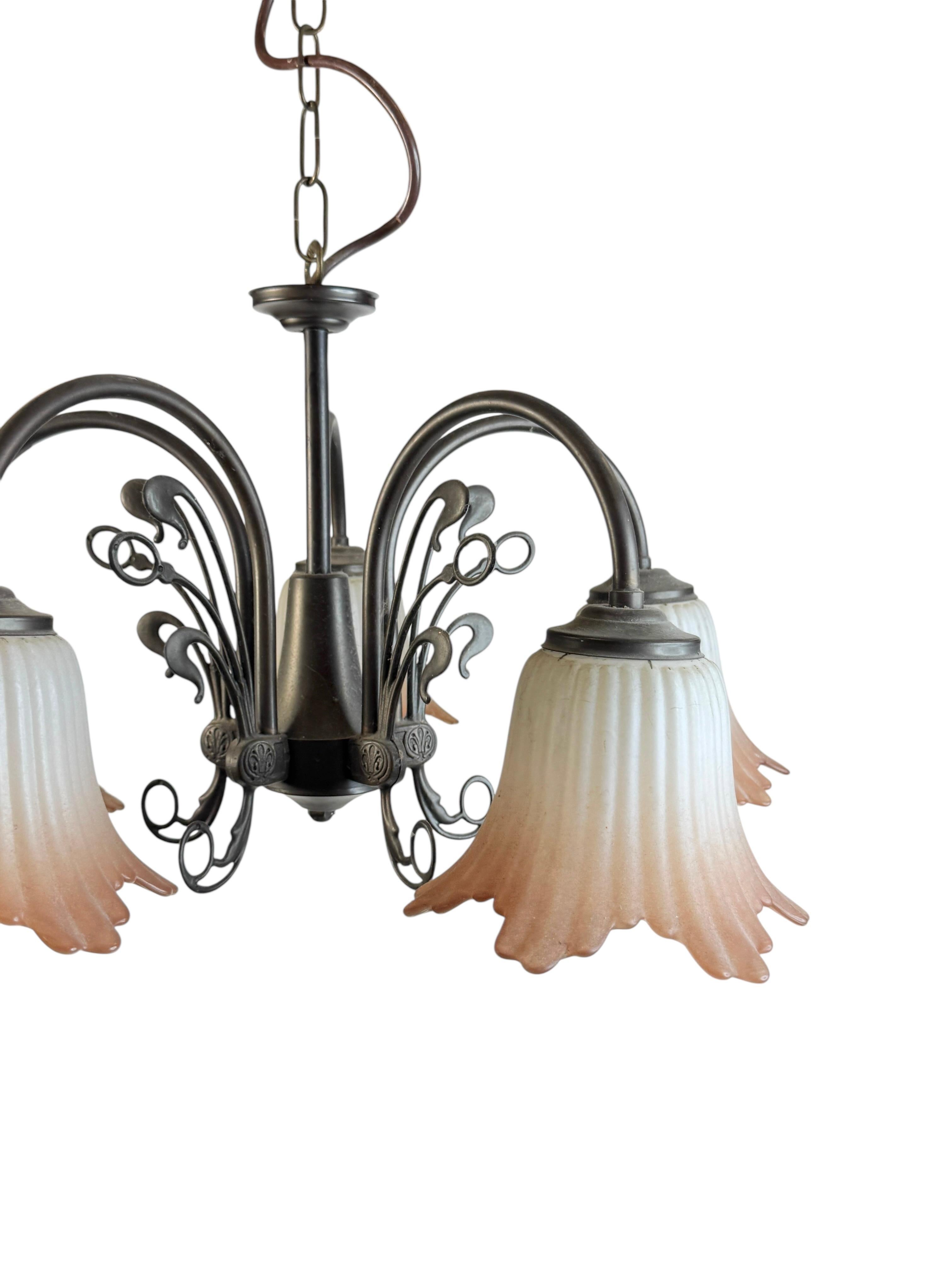 German Gorgeous Tole Metal Glas Shade Five Light Chandelier, Massive Lighting, 1970s For Sale