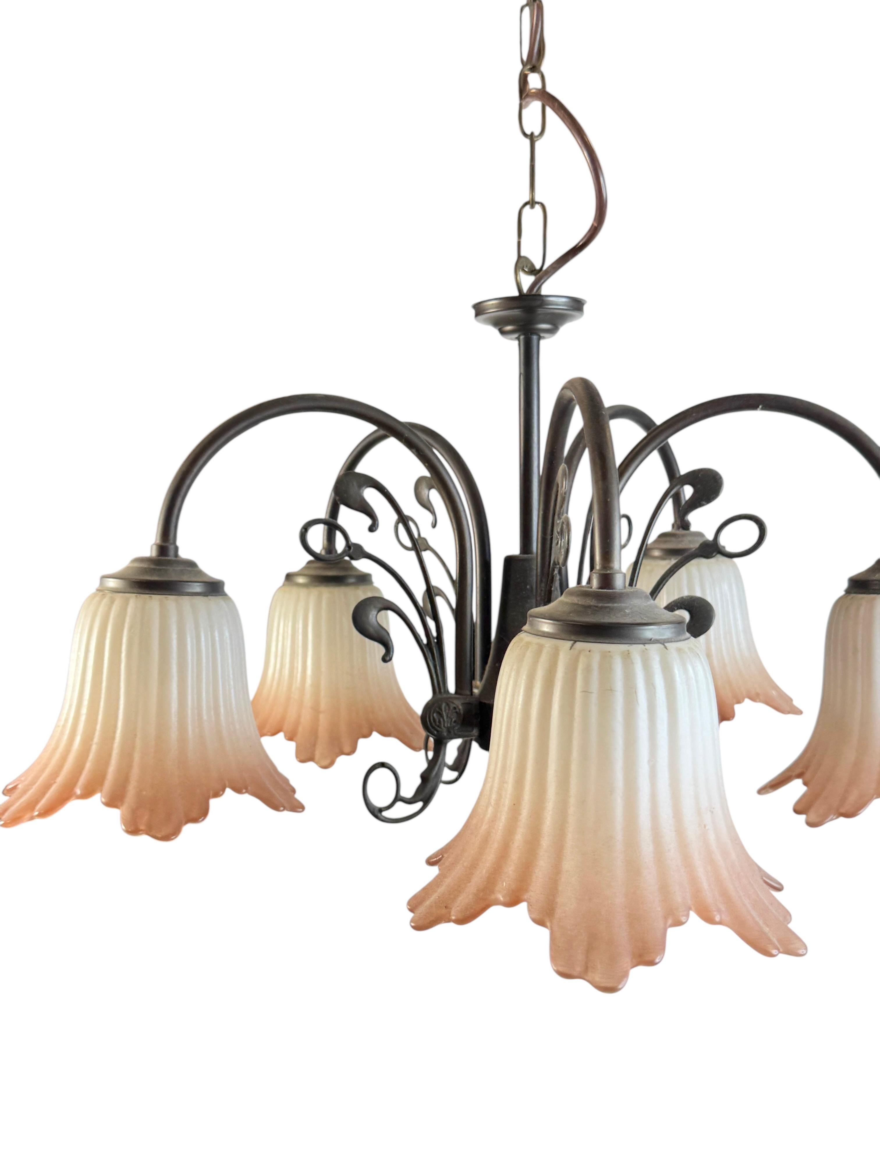 Gorgeous Tole Metal Glas Shade Five Light Chandelier, Massive Lighting, 1970s In Good Condition For Sale In Nuernberg, DE