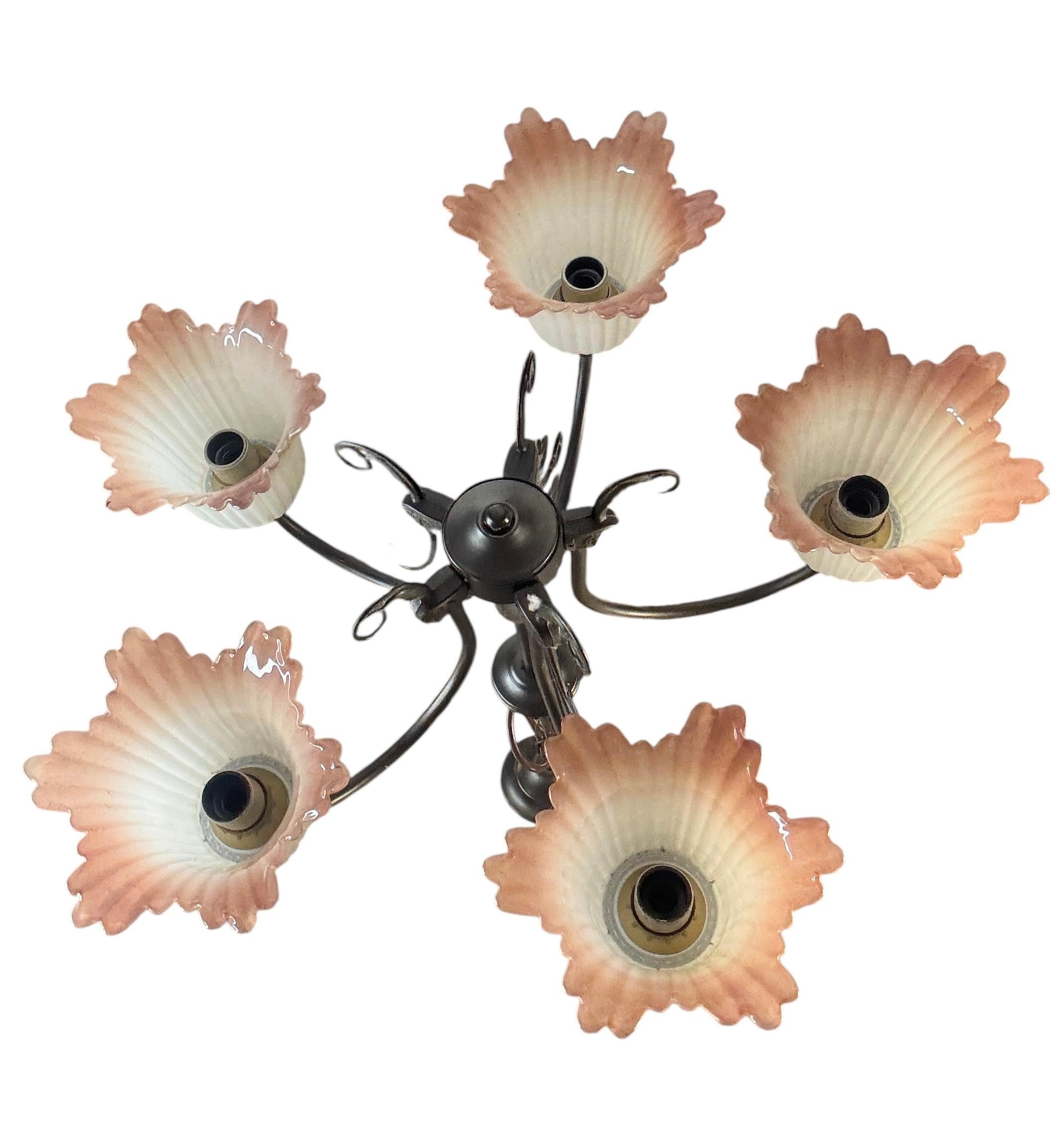 Late 20th Century Gorgeous Tole Metal Glas Shade Five Light Chandelier, Massive Lighting, 1970s For Sale
