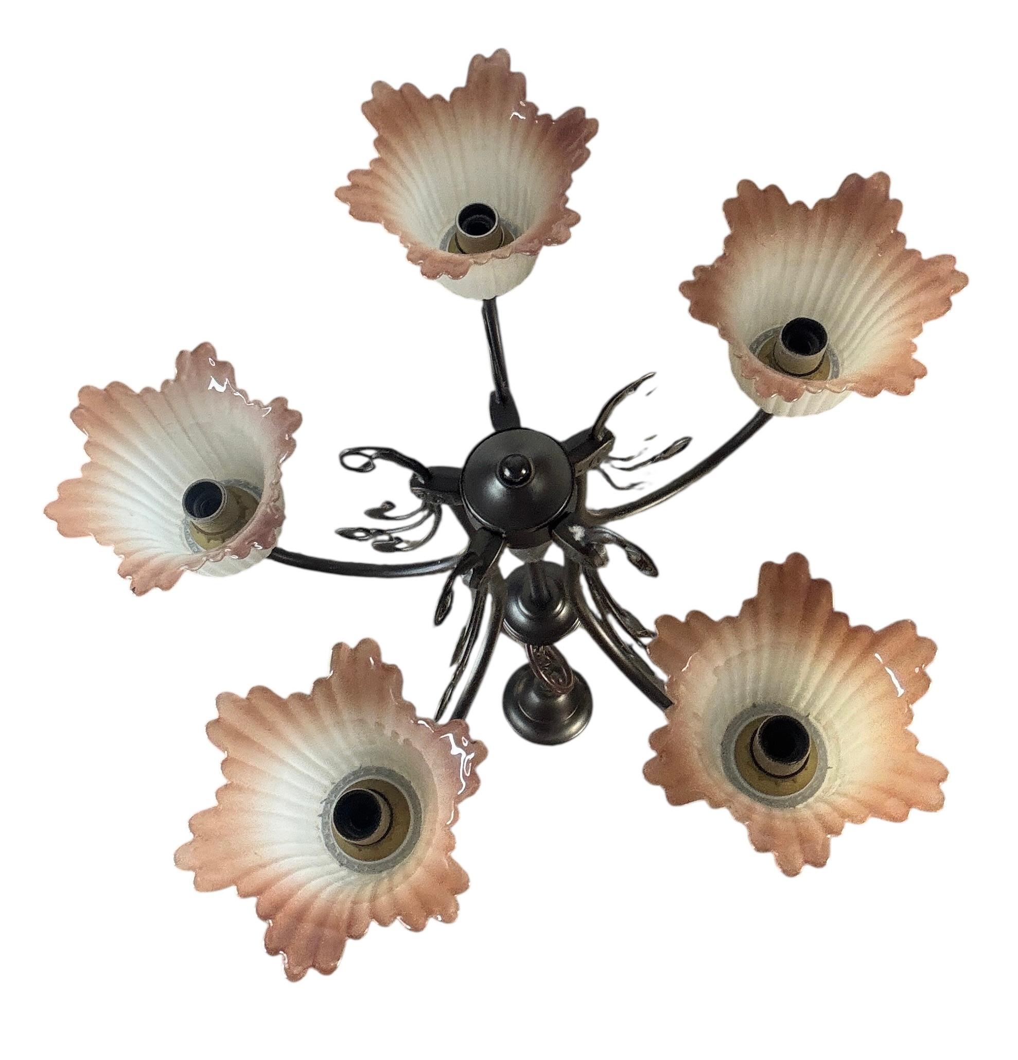 Gorgeous Tole Metal Glas Shade Five Light Chandelier, Massive Lighting, 1970s For Sale 1