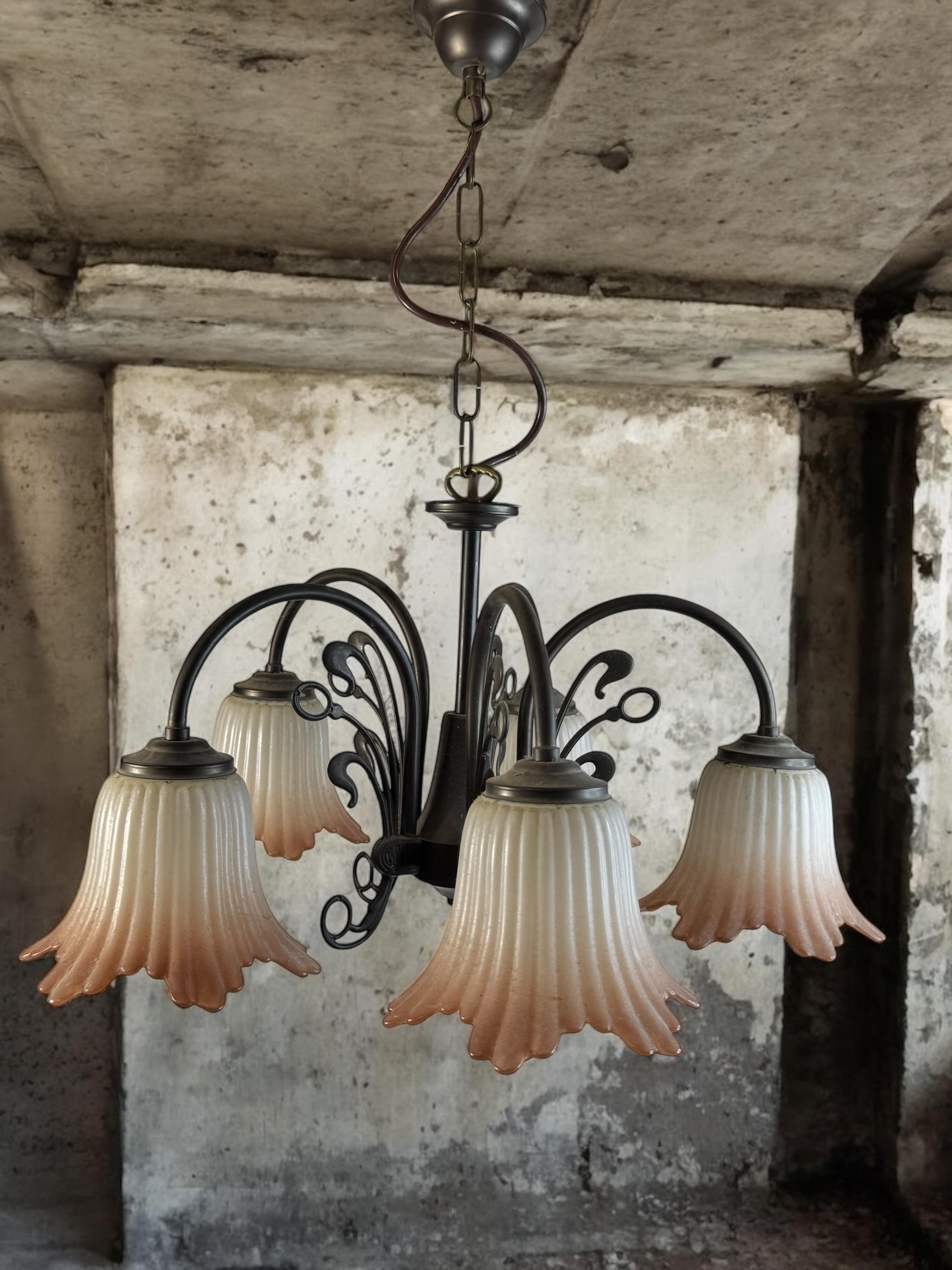 Gorgeous Tole Metal Glas Shade Five Light Chandelier, Massive Lighting, 1970s For Sale 2