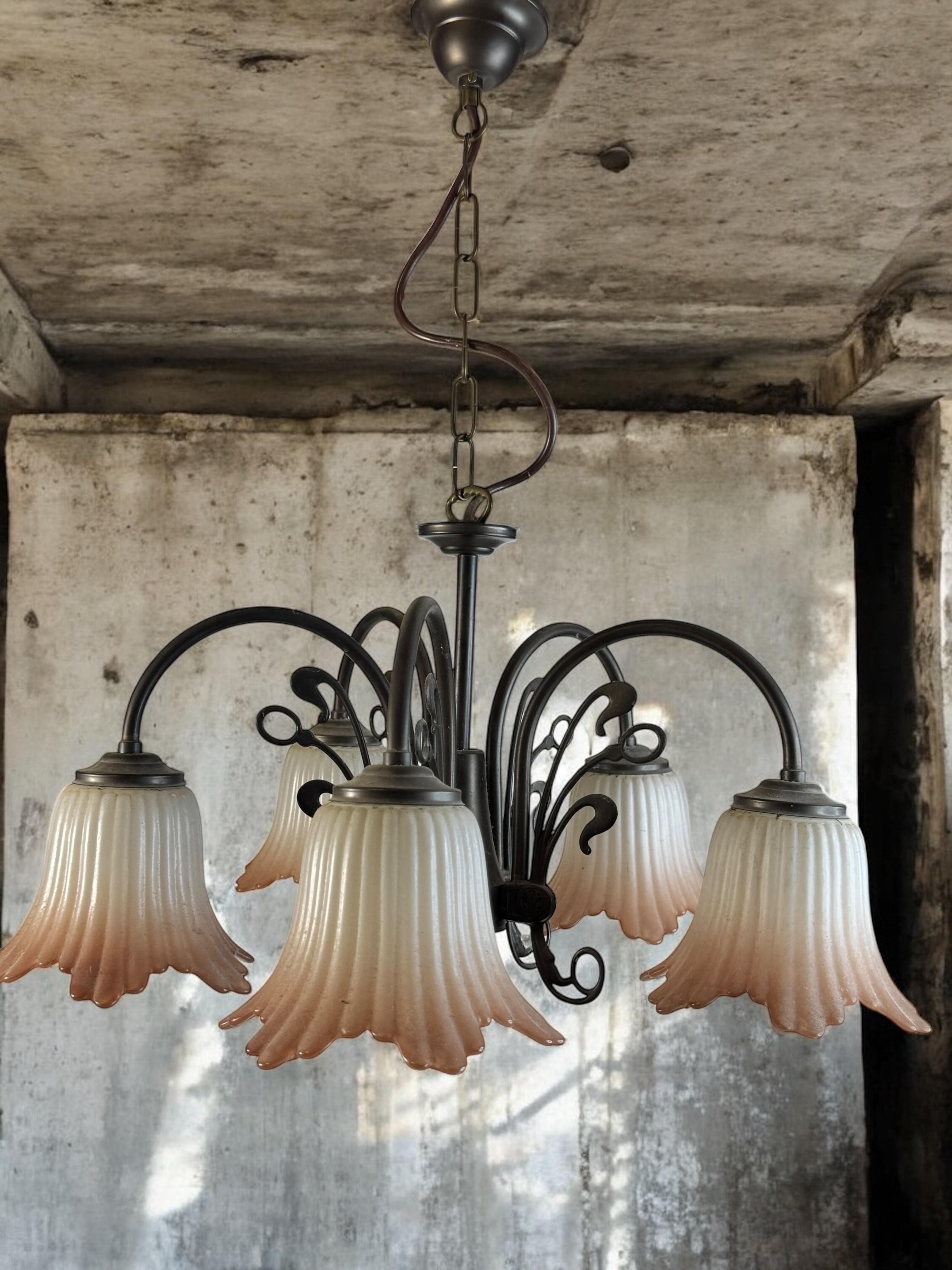 Gorgeous Tole Metal Glas Shade Five Light Chandelier, Massive Lighting, 1970s For Sale 3