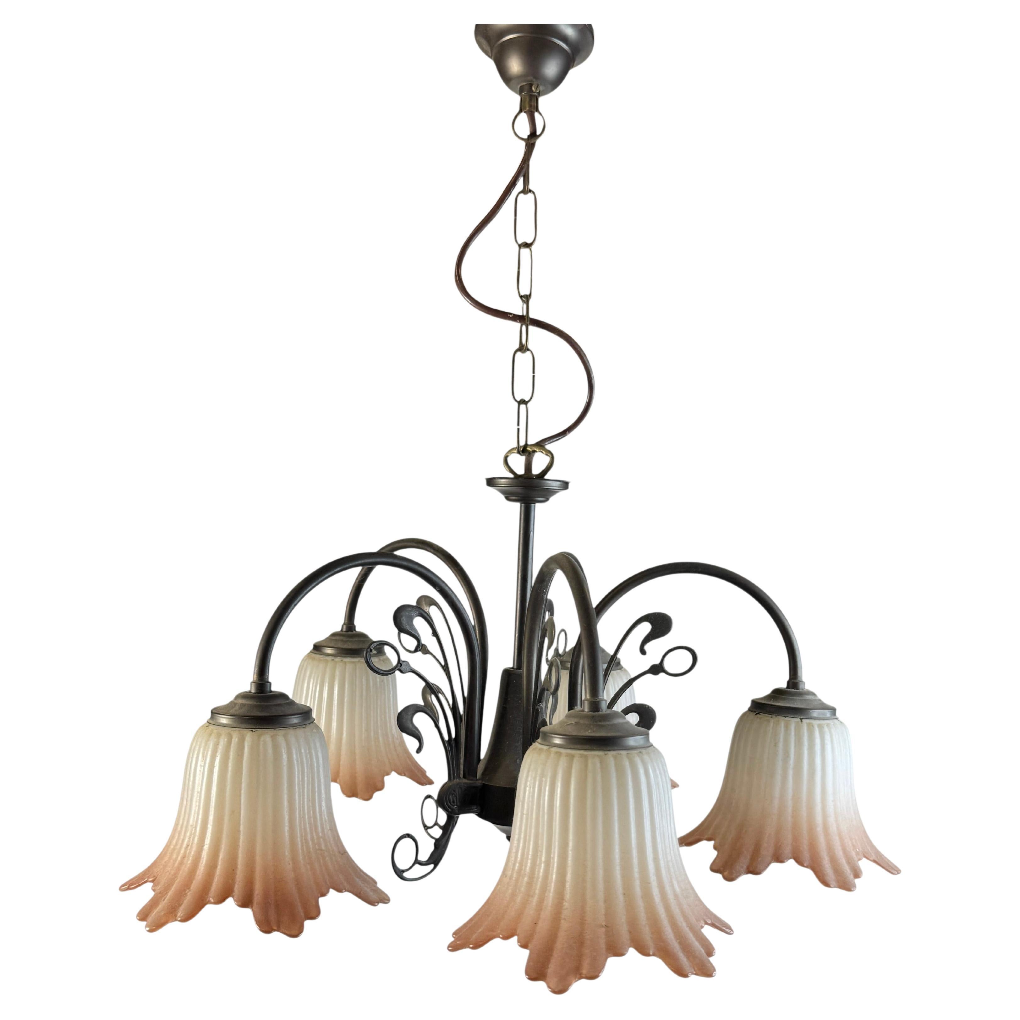 Gorgeous Tole Metal Glas Shade Five Light Chandelier, Massive Lighting, 1970s